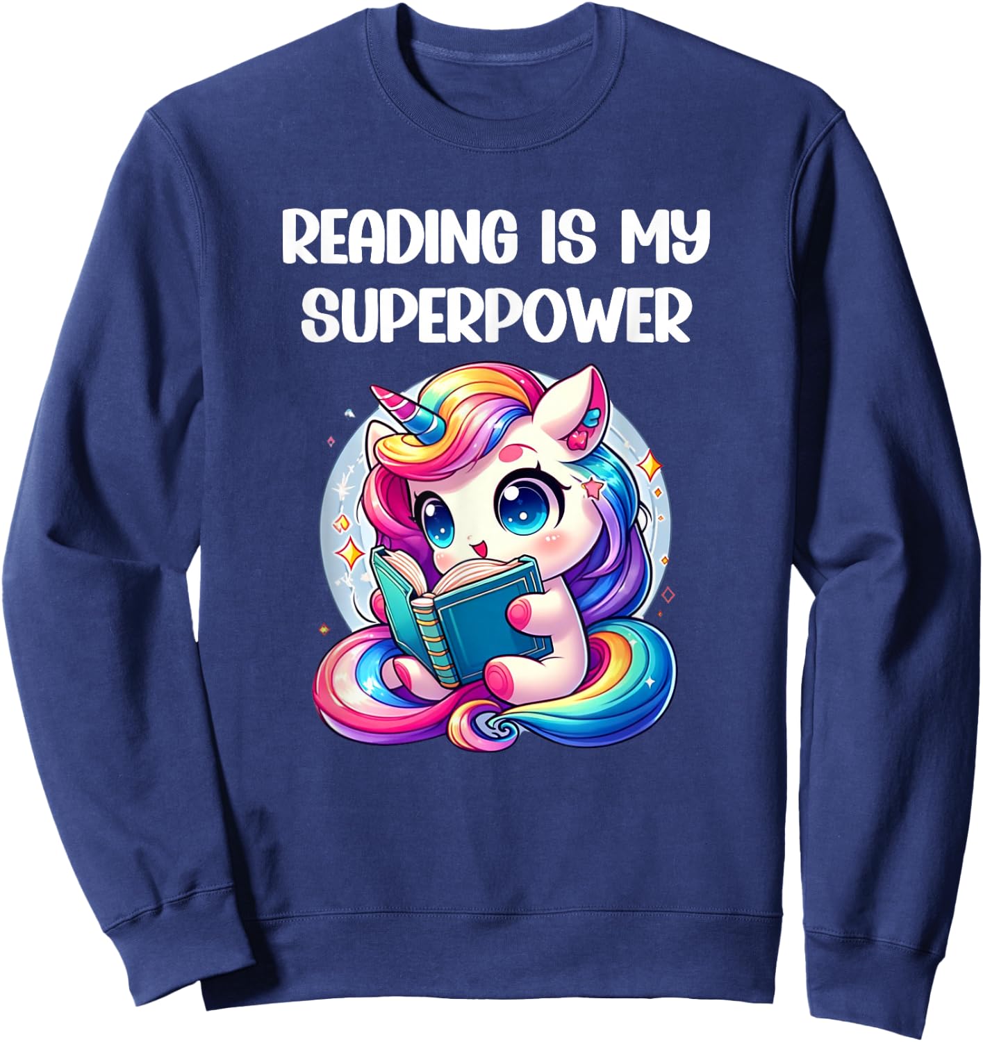 Kawaii Unicorn Reading Is My Super Power Kids Sweatshirt - Sweatshirt | Navy