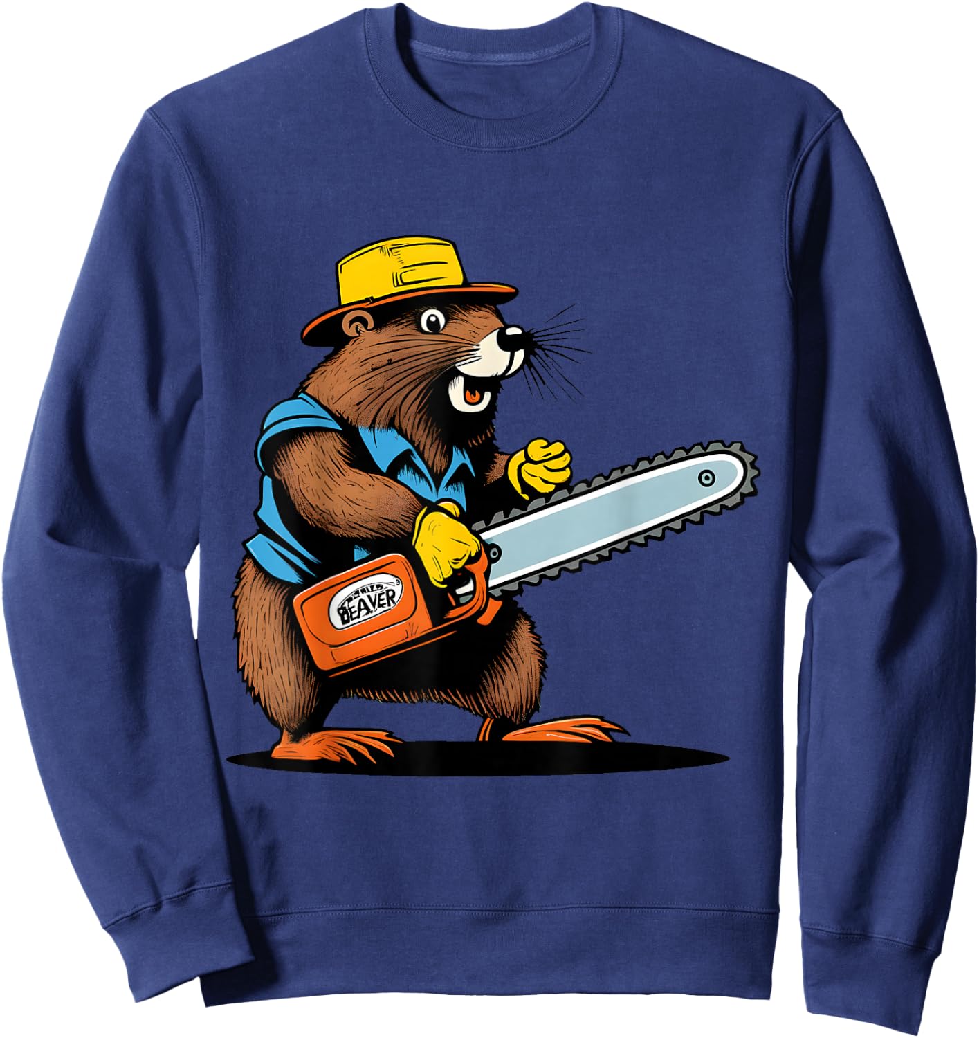 Lumber Jack Beaver with Chainsaw - Retro Comic Art Funny Sweatshirt - Sweatshirt | Navy