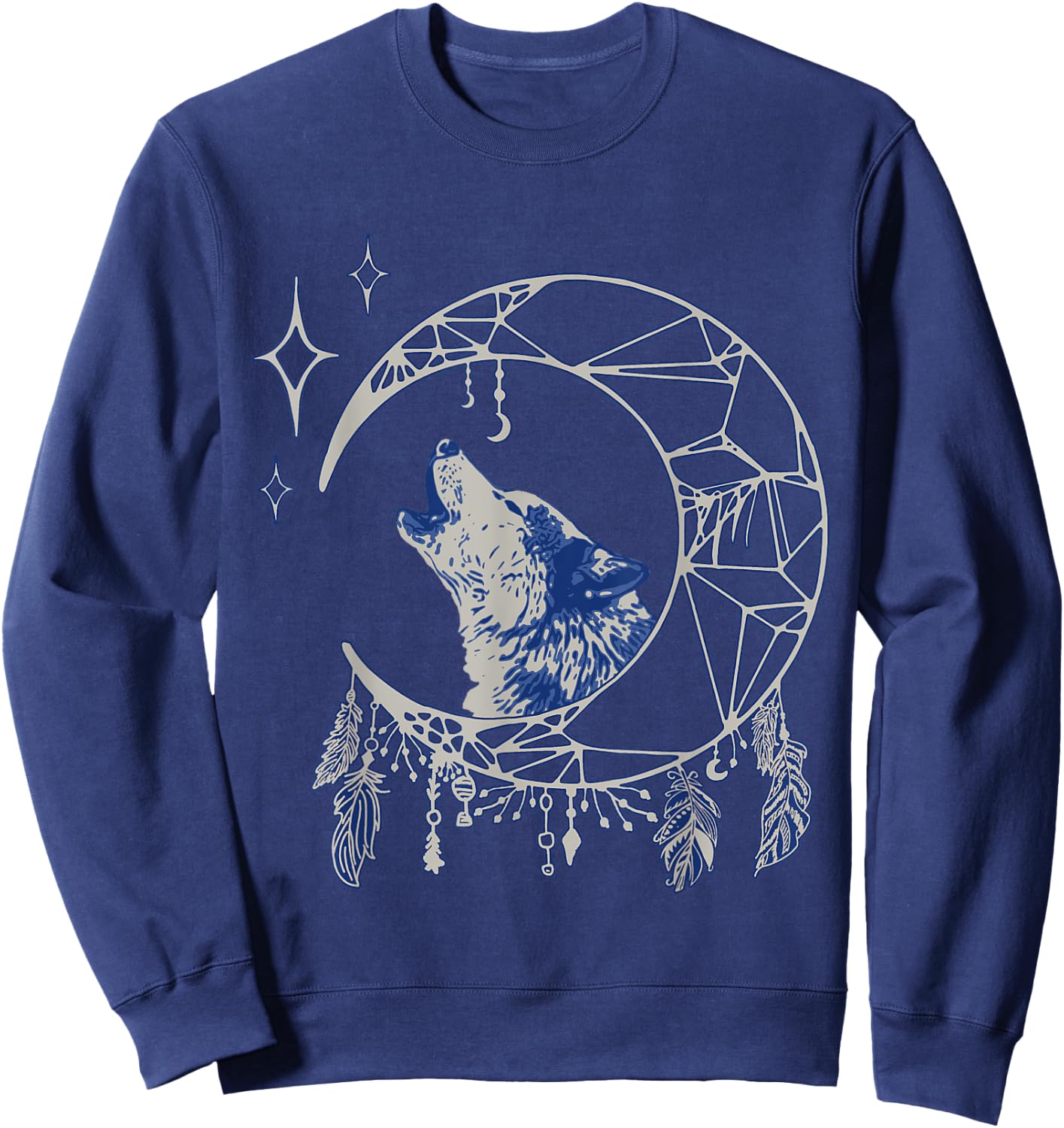 Wolf Moon Howling Wolf Indian Feathers Stars Dream Catcher Sweatshirt - Sweatshirt | Navy