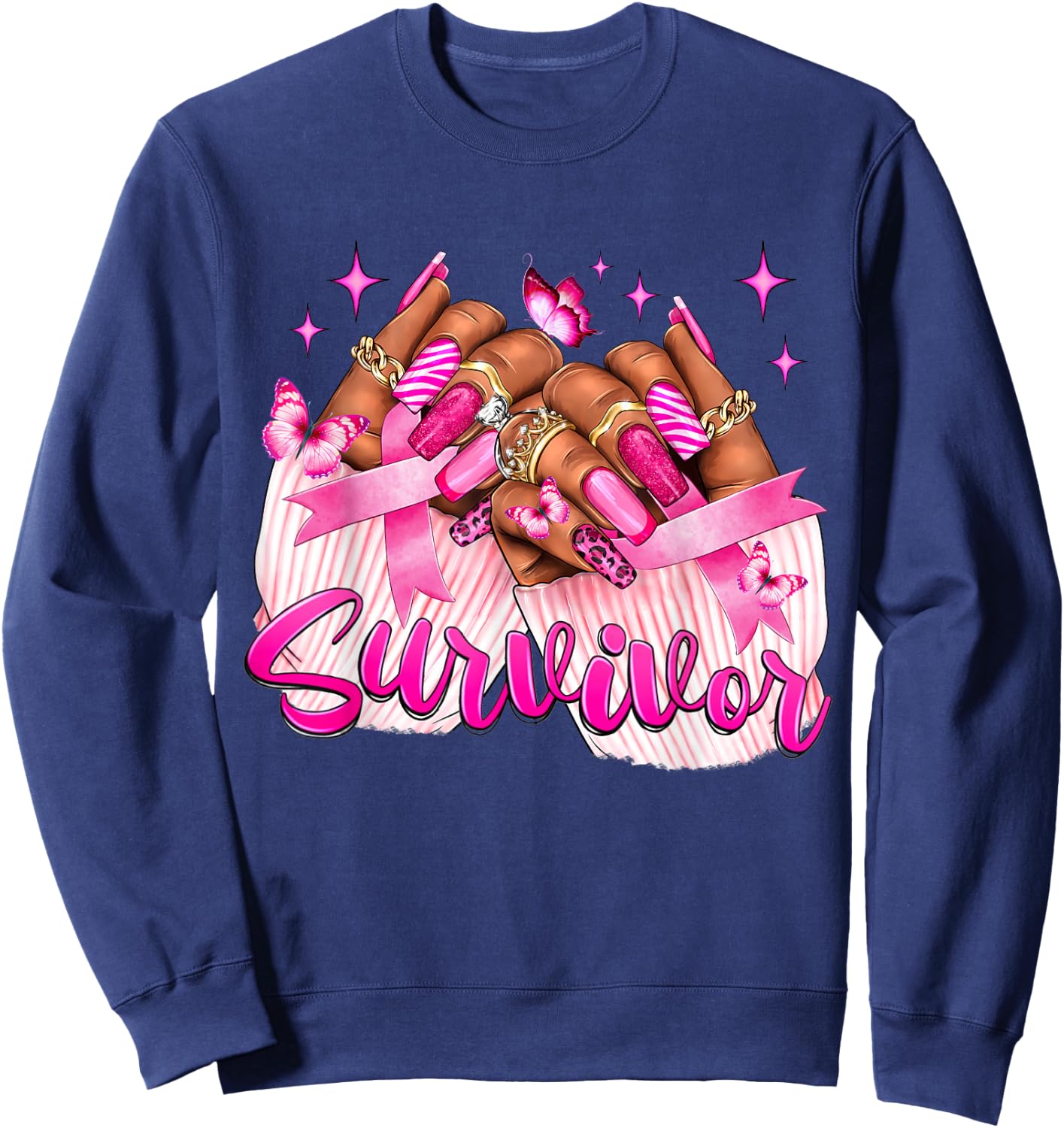 Breast Cancer Survivor Awareness Black Woman Nails Pink Sweatshirt - Sweatshirt | Navy