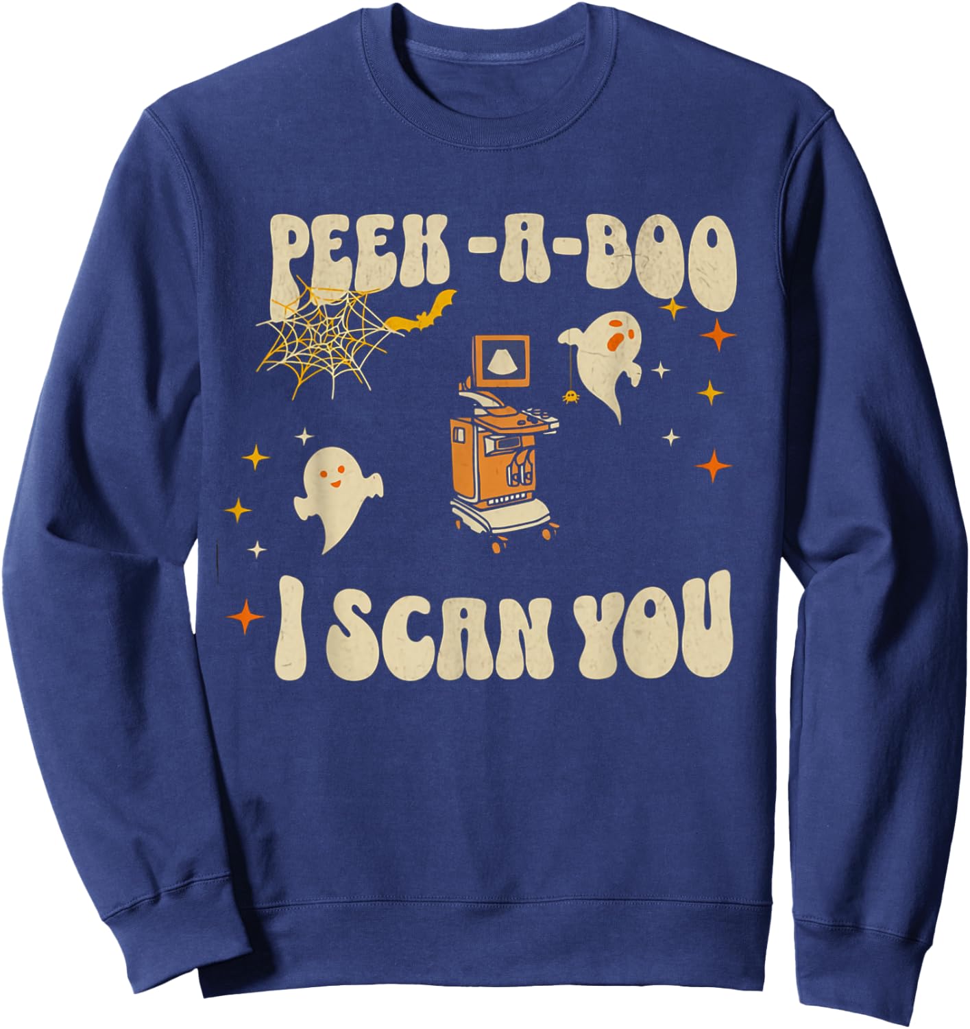 Retro Ultrasound Peek-A-Boo Halloween Ghost Sonography Crew Sweatshirt - Sweatshirt | Navy