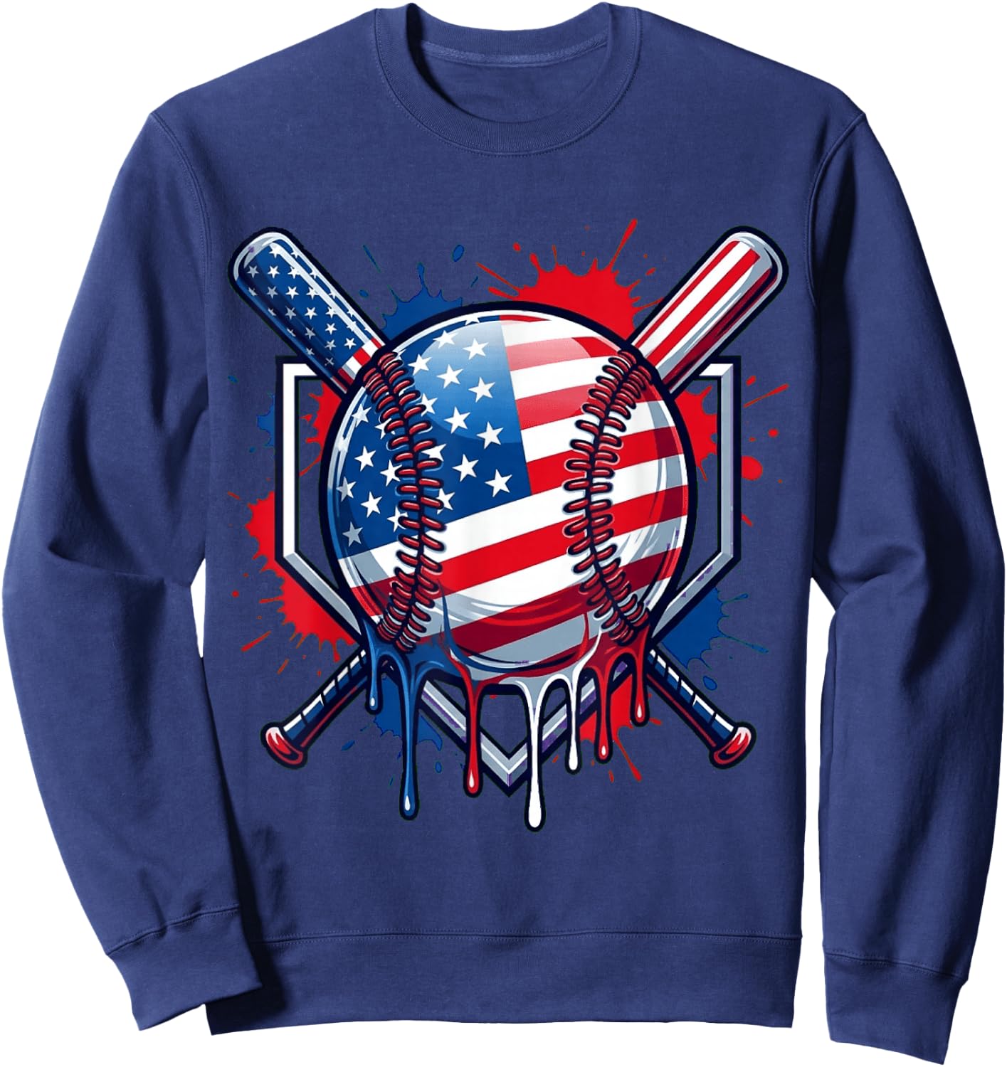 Baseball Drip American Flag Men Women Kids Youth 4th of July Sweatshirt - Sweatshirt | Navy