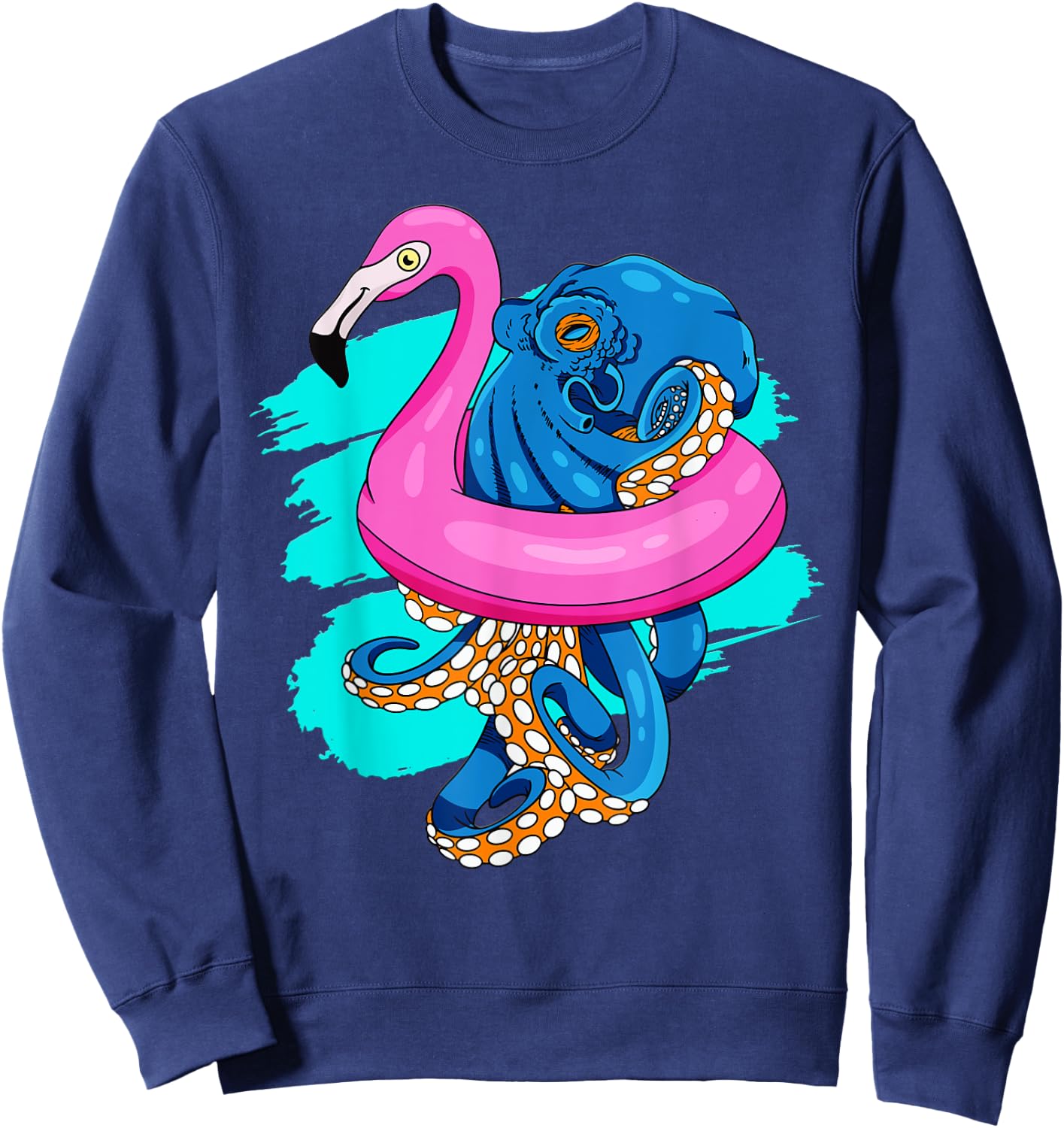 Blue Octopus In Pink Flamingo Swimming Pool Fun Octopus Sweatshirt - Sweatshirt | Navy