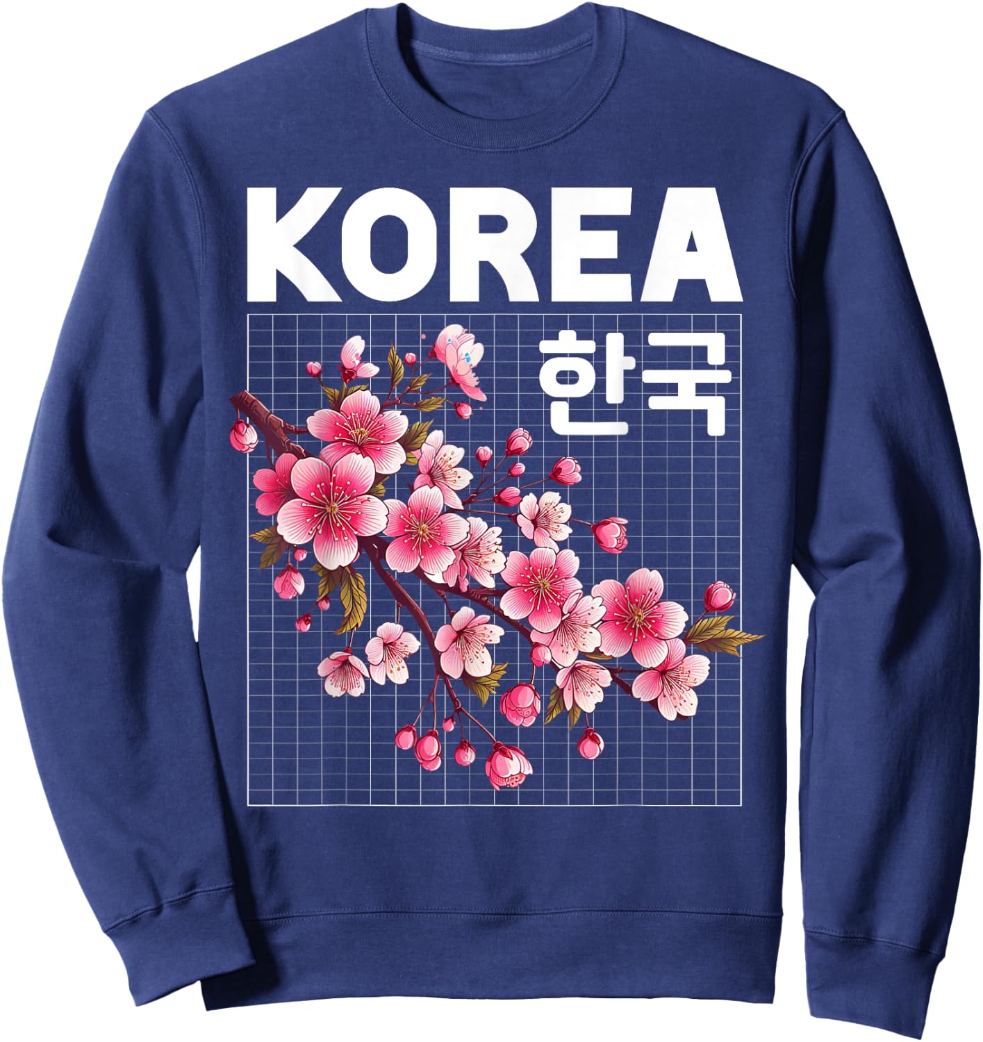 Korea Cherry Blossom Flowers Hangul Letters Grid Aesthetic Sweatshirt - Sweatshirt | Navy