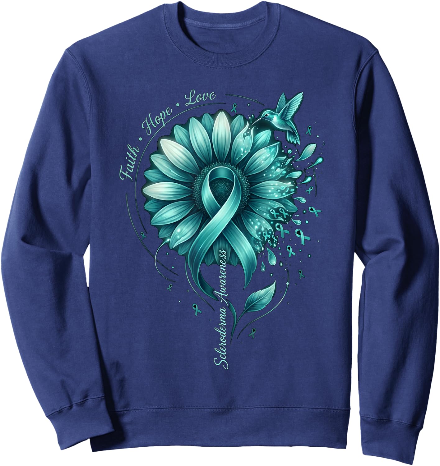Teal Ribbon Hummingbird Scleroderma Awareness Sunflower Sweatshirt - Sweatshirt | Navy