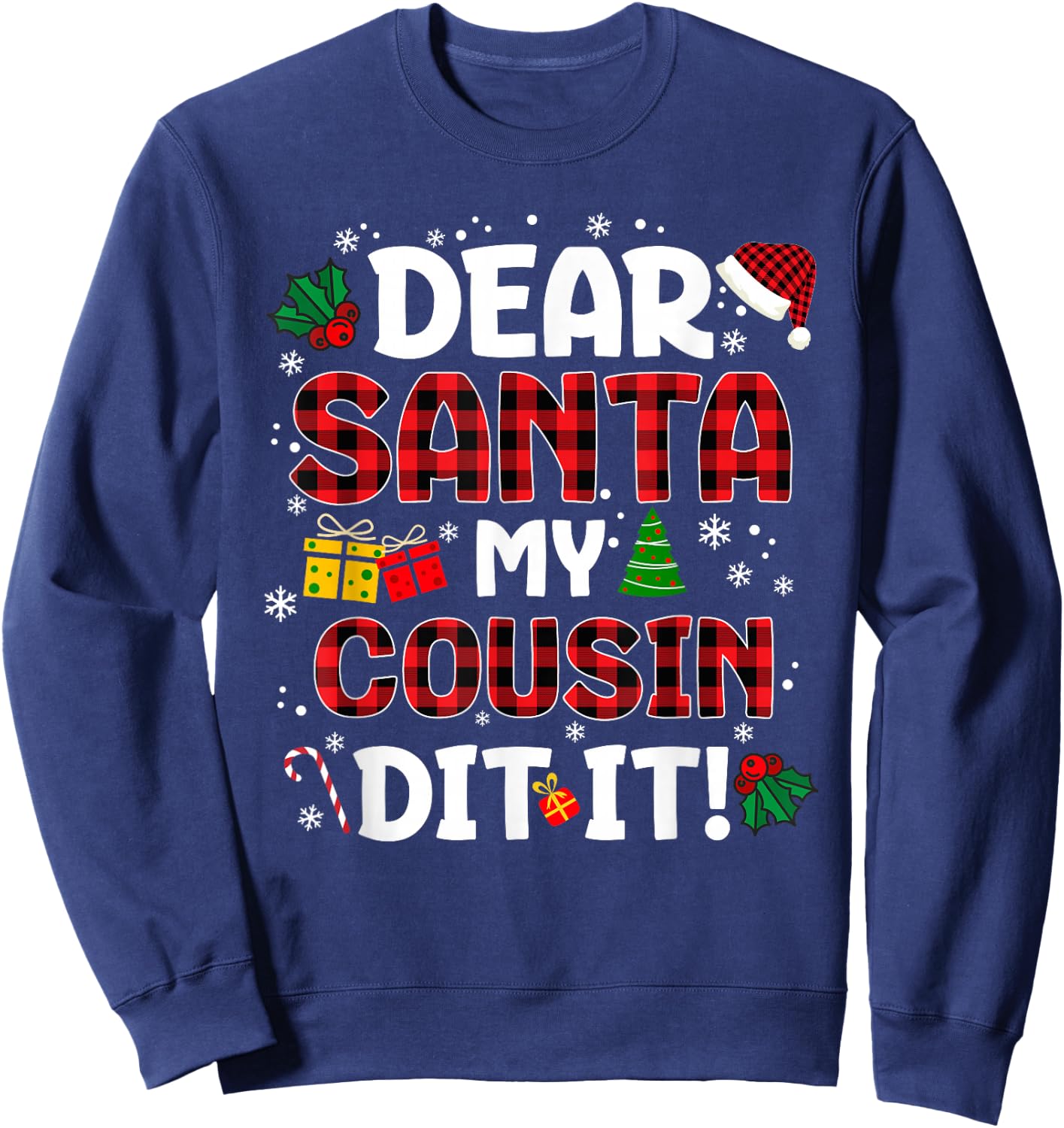 Dear Santa My Cousin Did It Buffalo Plaid Christmas Pajama Sweatshirt - Sweatshirt | Navy