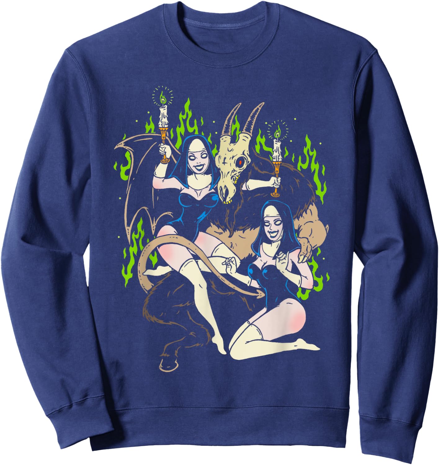 Baphomet Occult Goat Man Demon with Sexy Nuns Sweatshirt - Sweatshirt | Navy