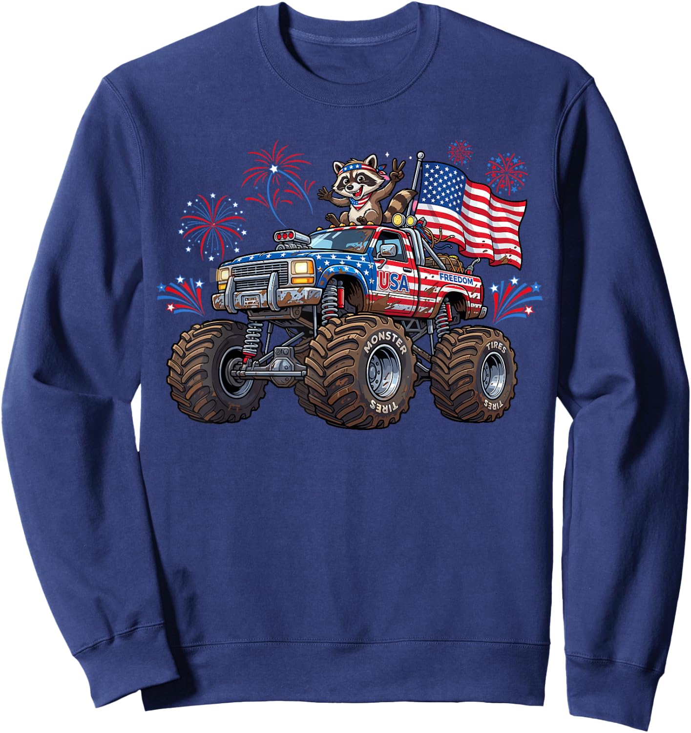 Monster Truck Raccoon USA Patriotic Shirt Men 4th of July Sweatshirt - Sweatshirt | Navy