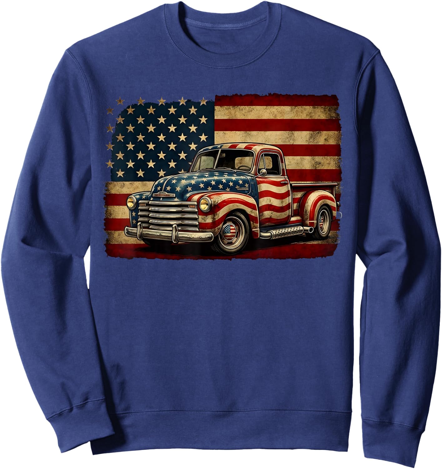 Classic Old Pickup Truck 4th of July Patriotic American Flag Sweatshirt - Sweatshirt | Navy