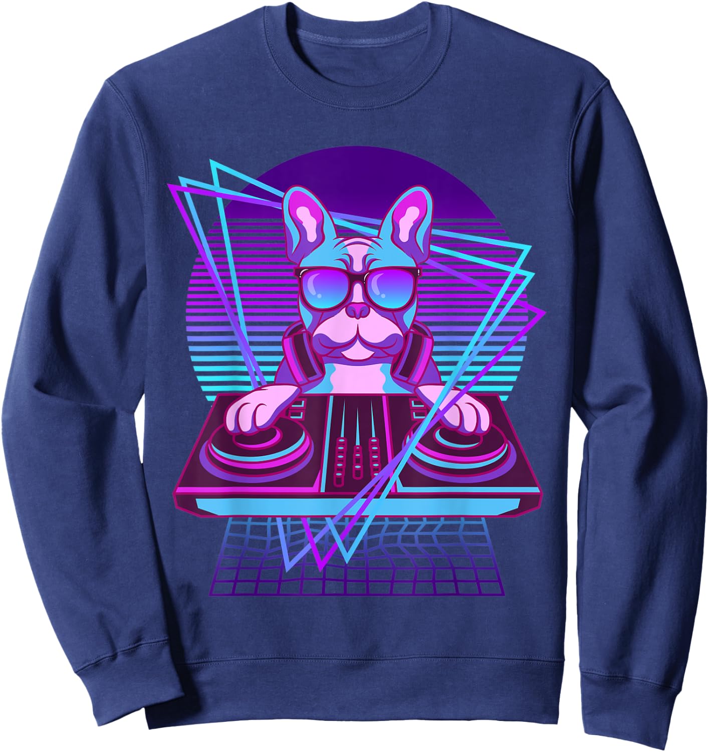 Vaporwave Bulldog DJ Turntable Sunglass French Bulldog Men Women Sweatshirt - Sweatshirt | Navy