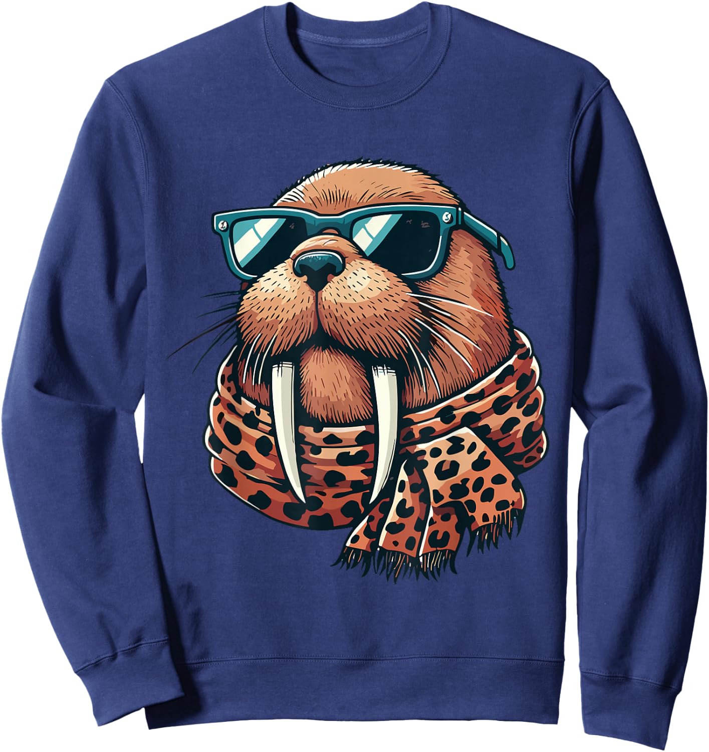 Walrus Wearing Leopard Scarf Animal Wearing Sunglasses Sweatshirt - Sweatshirt | Navy