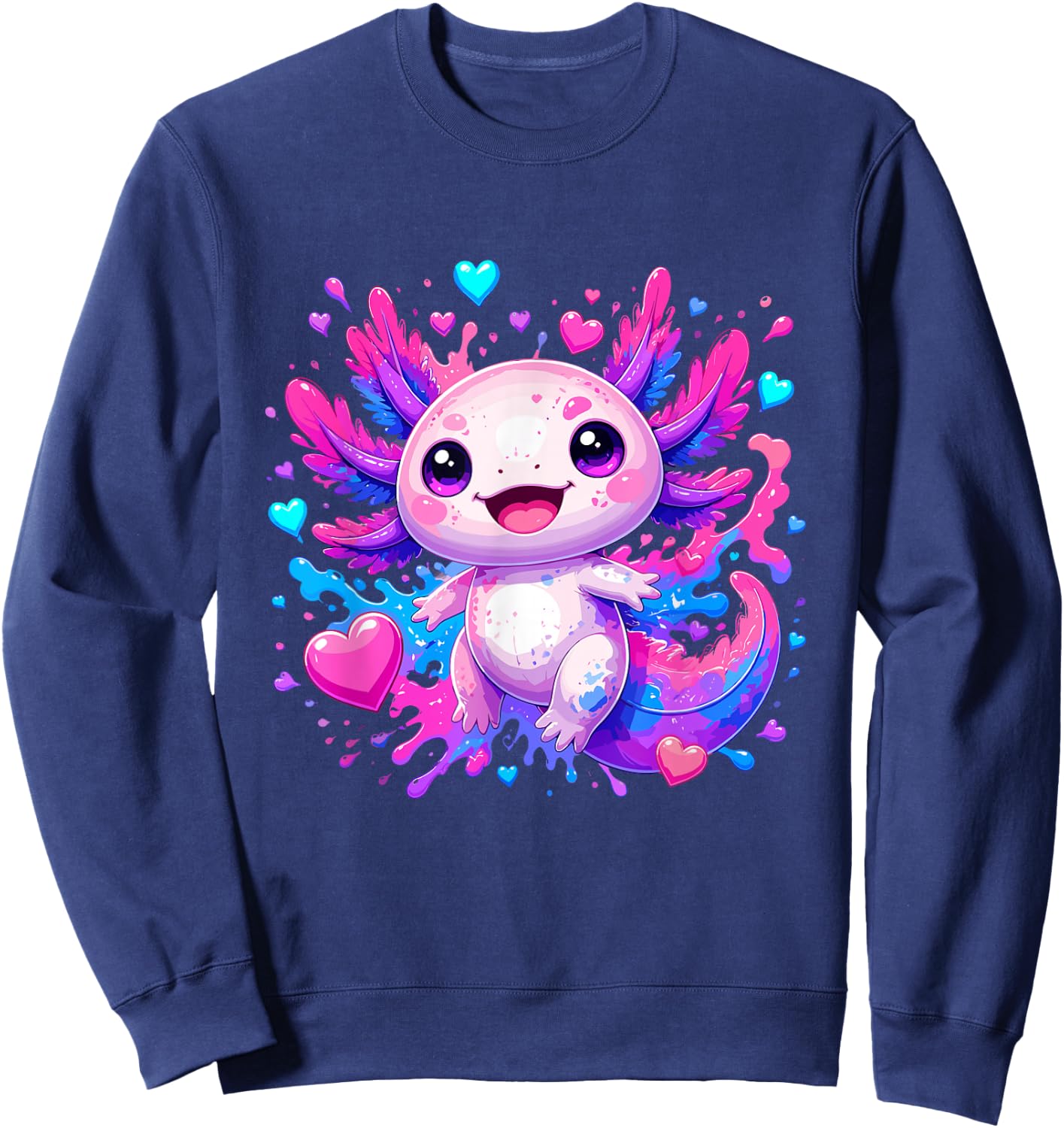 Cute Kawaii Axolotl with Colorful Hearts Splash Sweatshirt - Sweatshirt | Navy