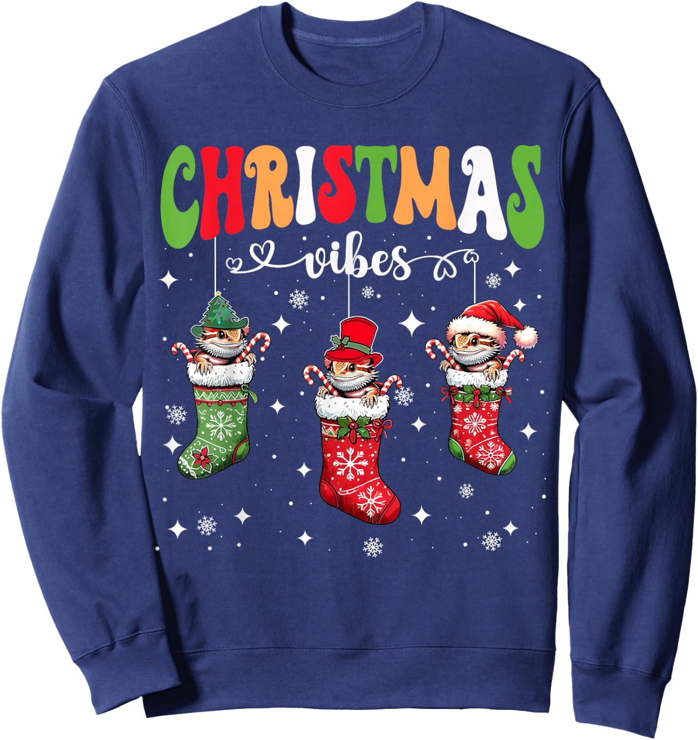 Cute Bearded Dragon In Xmas Socks Funny Christmas Lizard PJ Sweatshirt - Sweatshirt | Navy