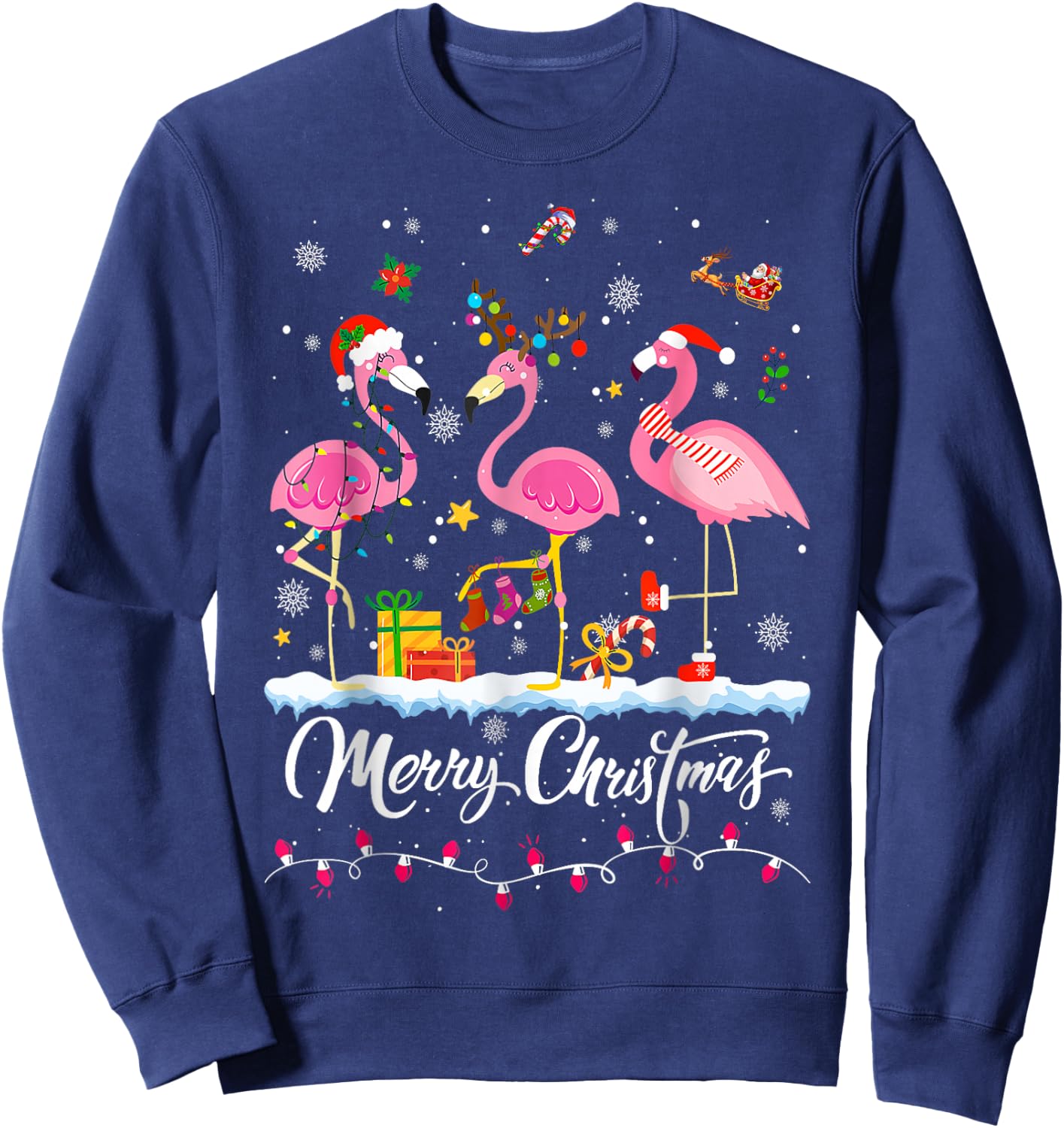 Merry Christmas Hat Santa Flamingo Light Christmas Snow Sweatshirt - Sweatshirt | Navy