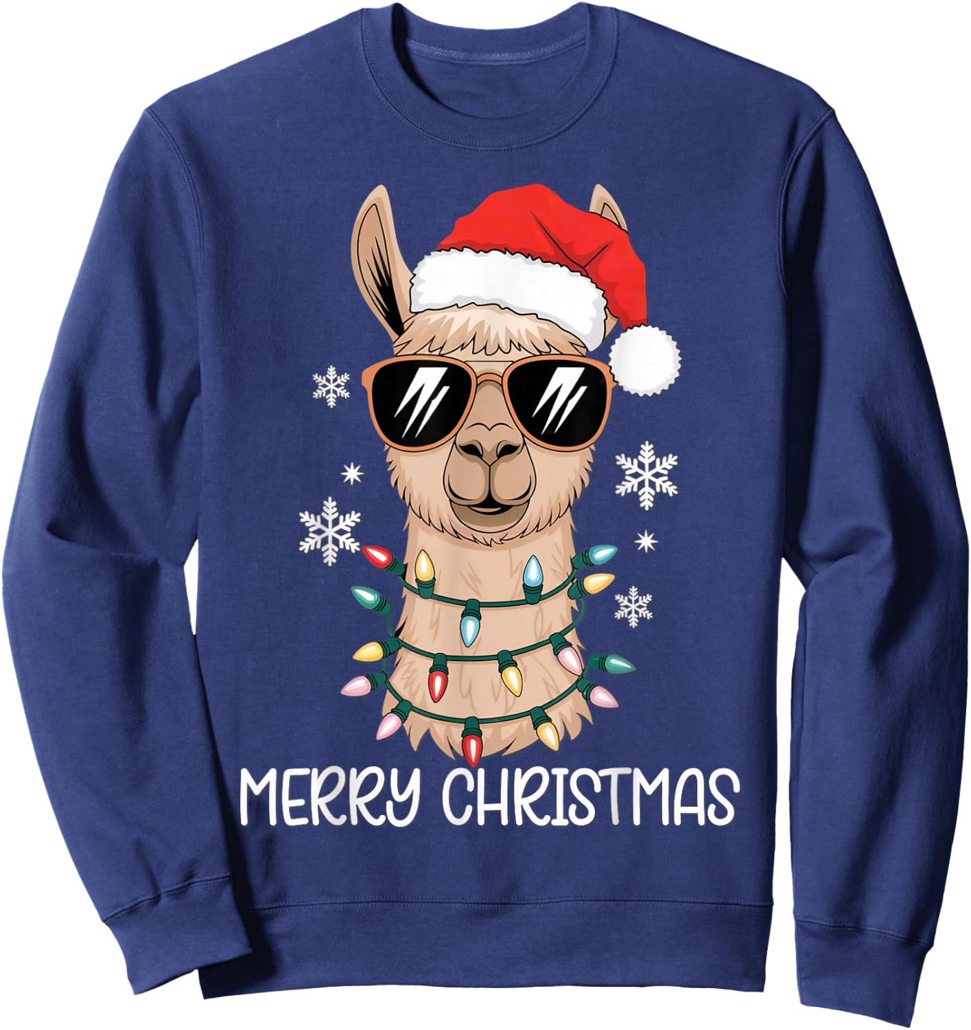 Merry Christmas Santa Llama with Holiday Lights Xmas Sweatshirt - Sweatshirt | Navy
