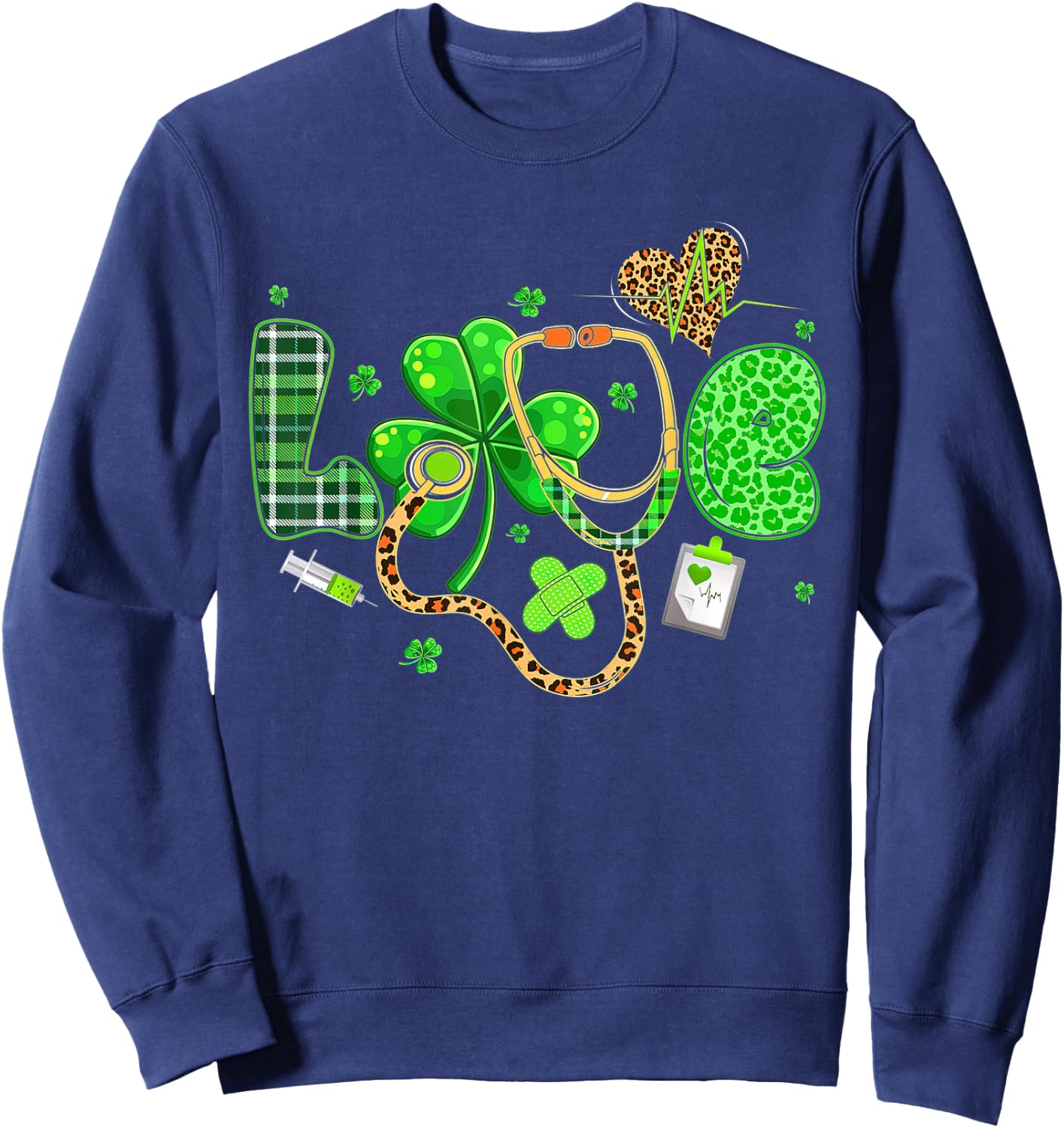 LOVE Nurse Leopard Stethoscope Shamrock St Patricks Day Sweatshirt - Sweatshirt | Navy
