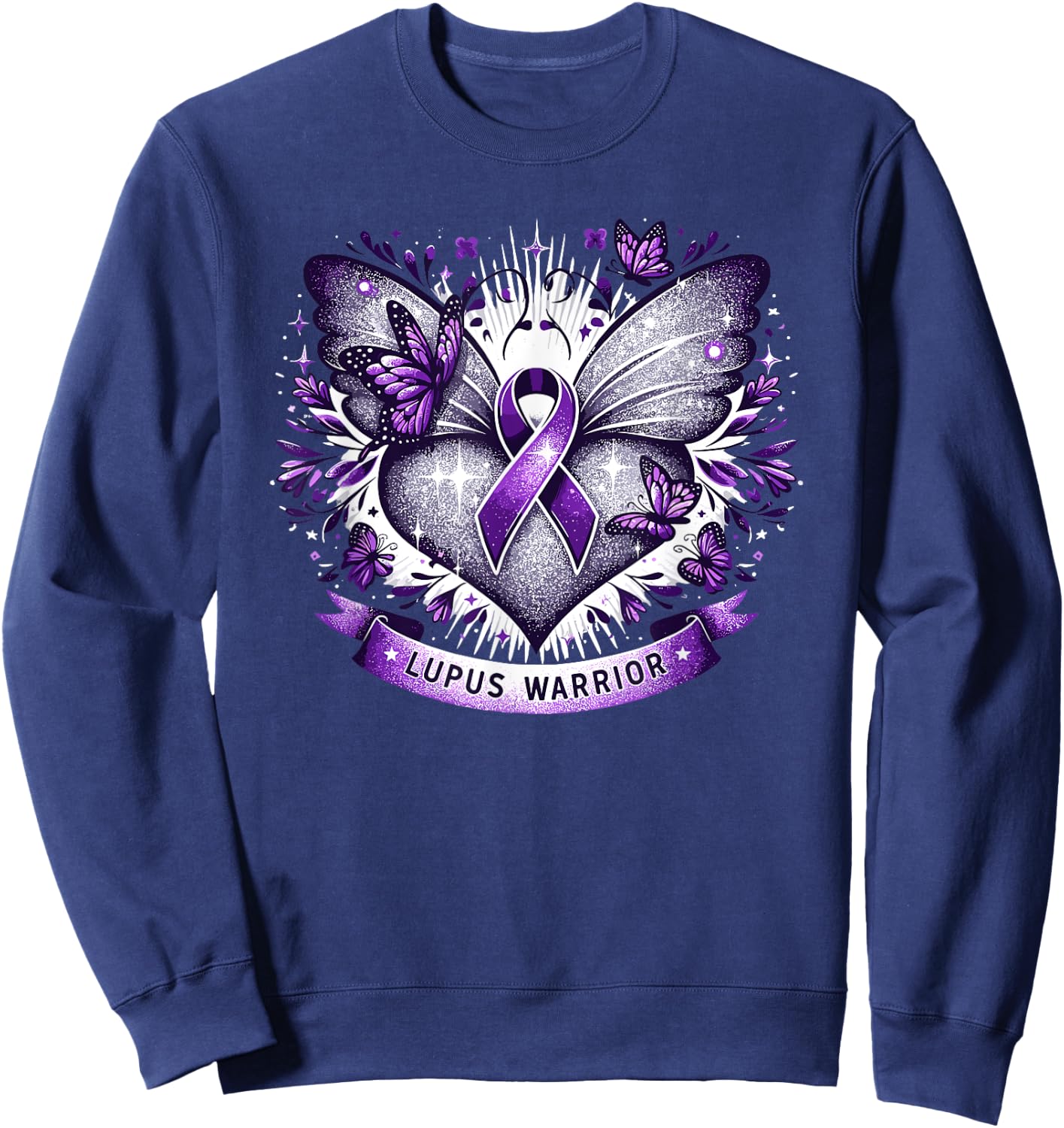 Lupus Awareness Warrior Survivor Butterfly Purple Heart , Black, S Sweatshirt - Sweatshirt | Navy