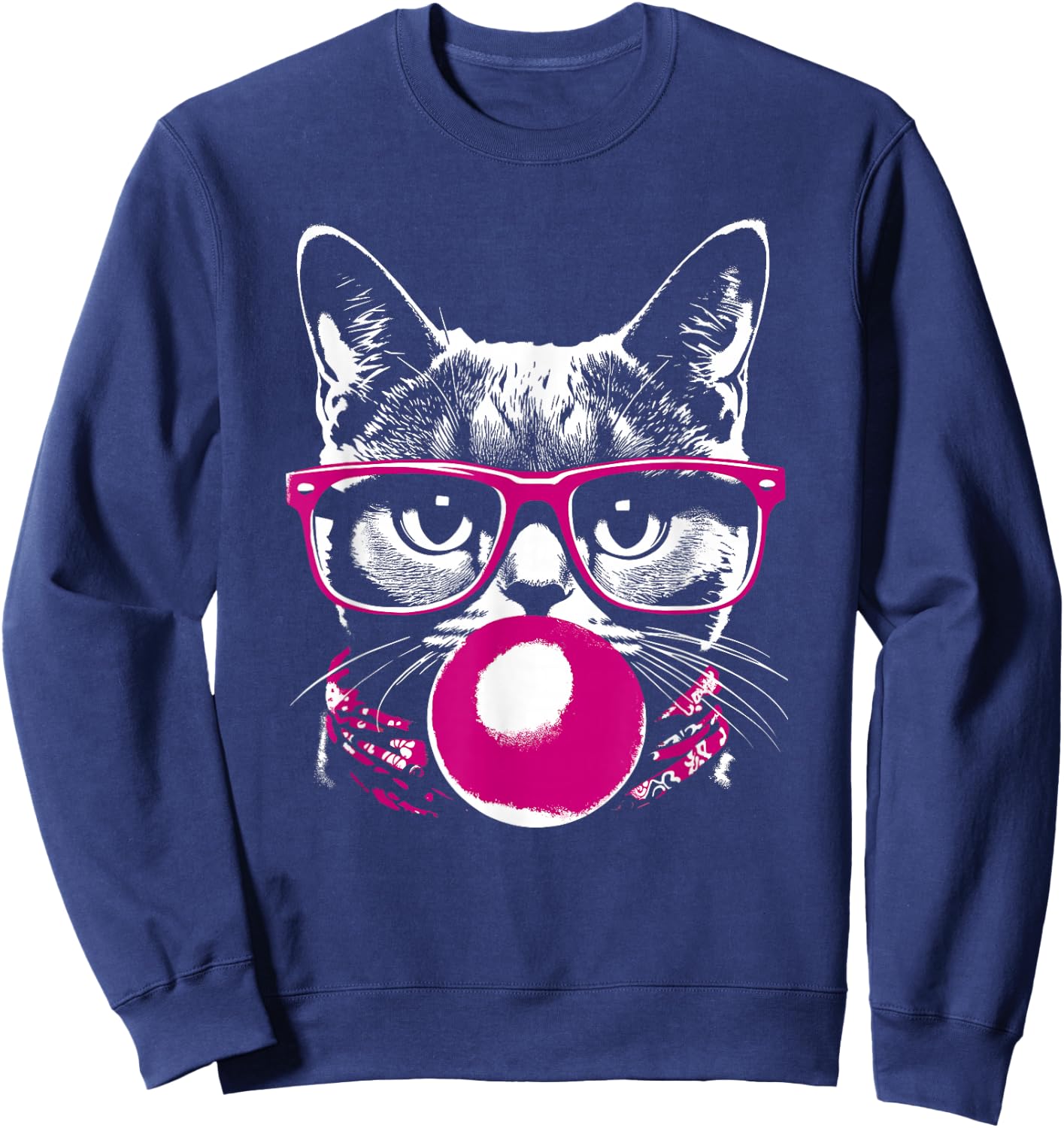 Cat in Pink Glasses Pink Bubble Men Women Kids Funny Cat Sweatshirt - Sweatshirt | Navy