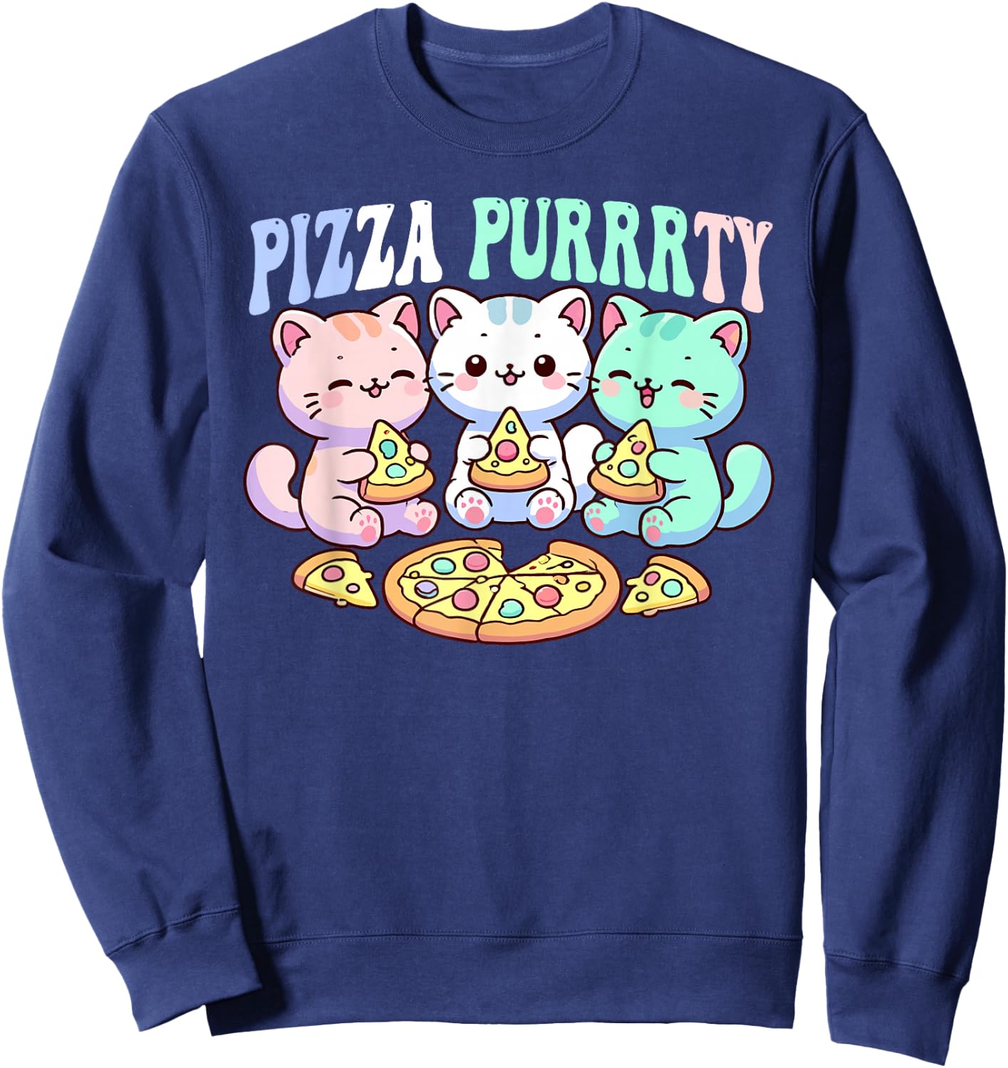 Cat pizza cute kawaii cats eating pizza purrrrty fun pastel Sweatshirt - Sweatshirt | Navy