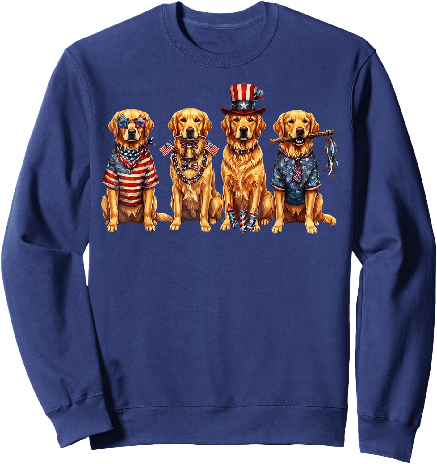 Four Golden Retriever Dogs Patriotic American Flag Sweatshirt - Sweatshirt | Navy