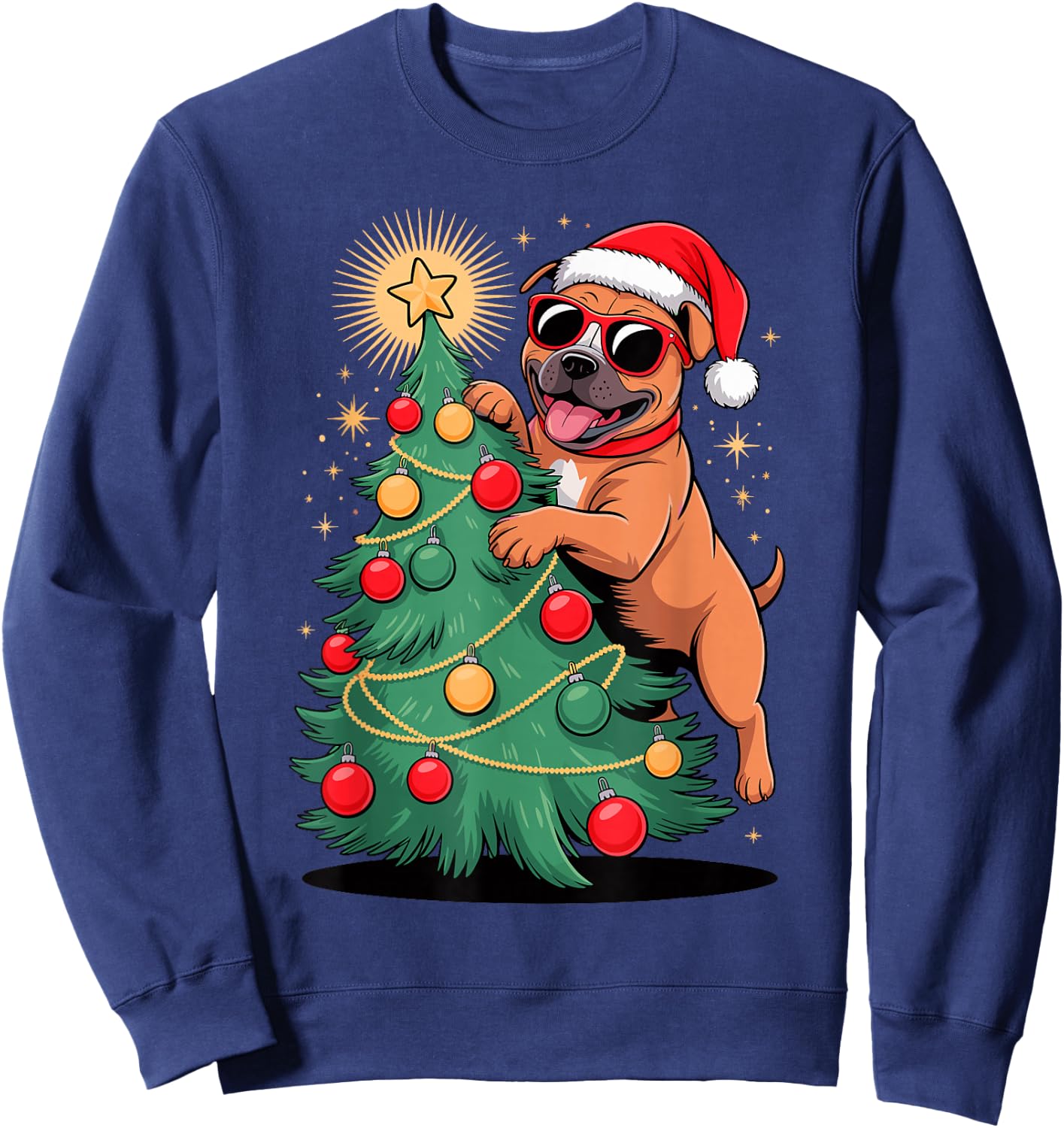 Christmas Tree Staffordshire Bull Terrier Sunglasses Staffy Sweatshirt - Sweatshirt | Navy