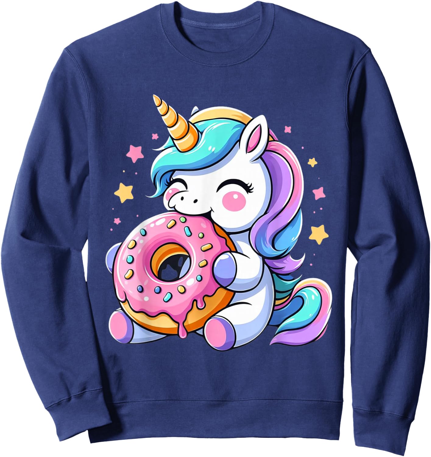 Cute Hungry Unicorn Eating Donut Boys Girls Men Women Kids Sweatshirt - Sweatshirt | Navy