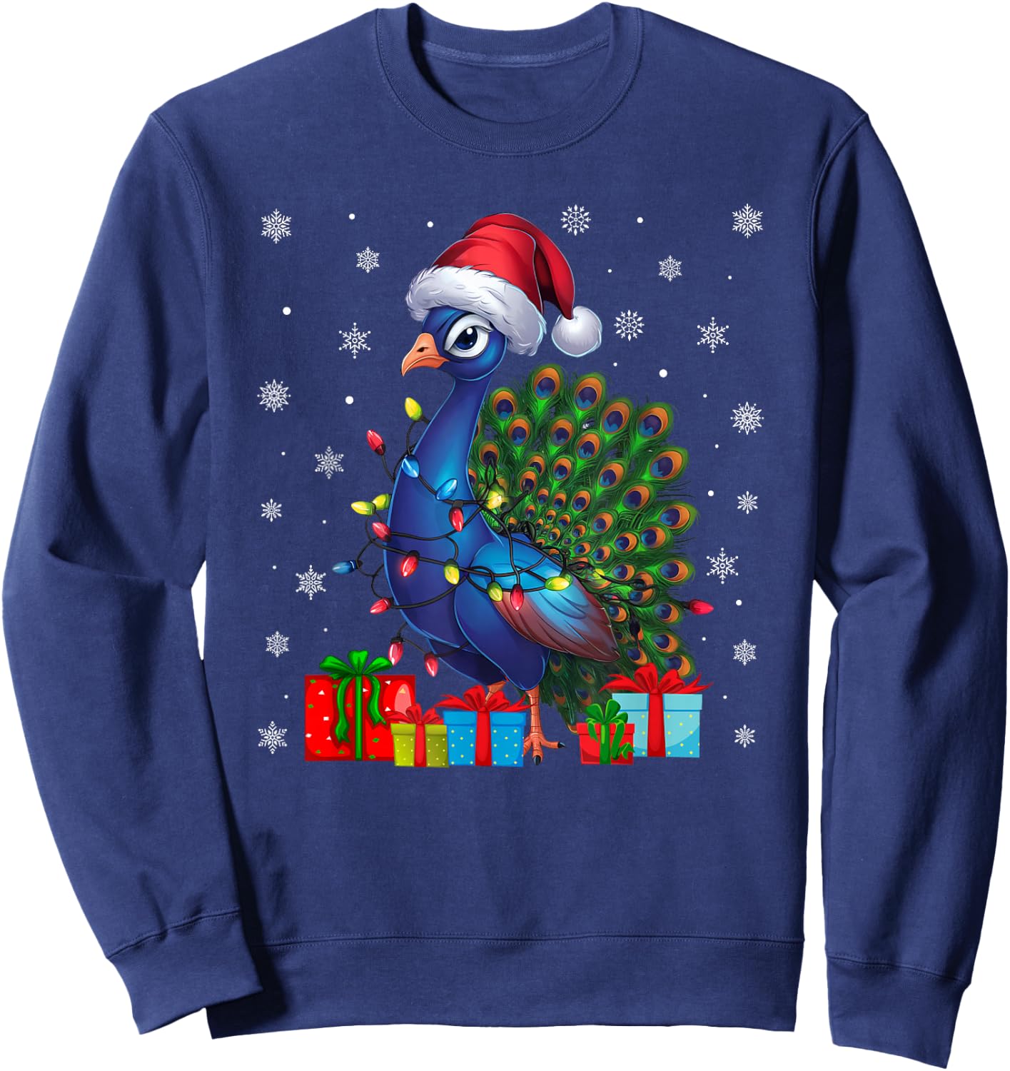 Peacock Ugly Xmas Lights Santa Hat Peacock Christmas Sweatshirt - Sweatshirt | Navy