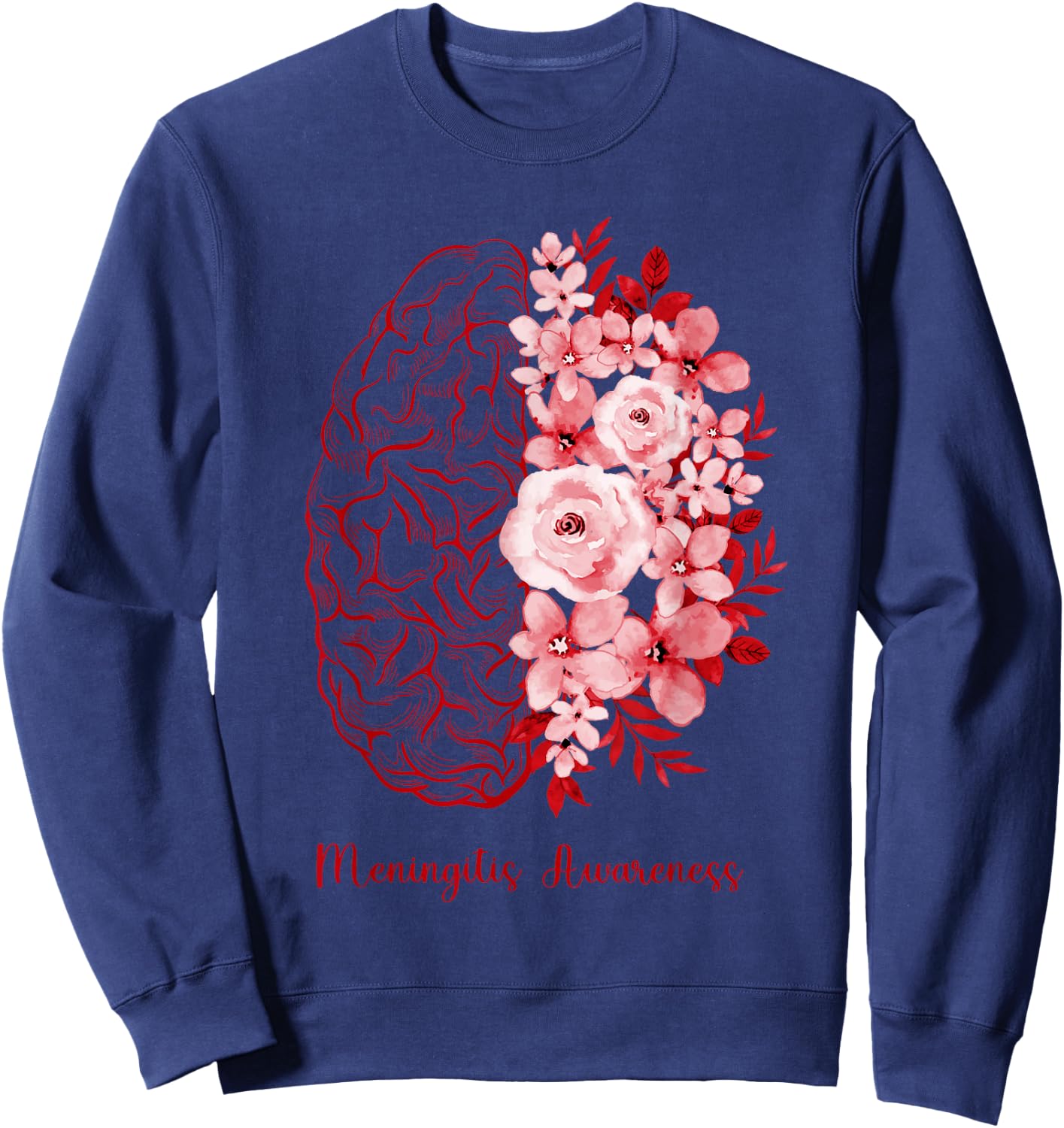 Meningitis Awareness Brain Flower Burgundy Ribbon Sweatshirt - Sweatshirt | Navy