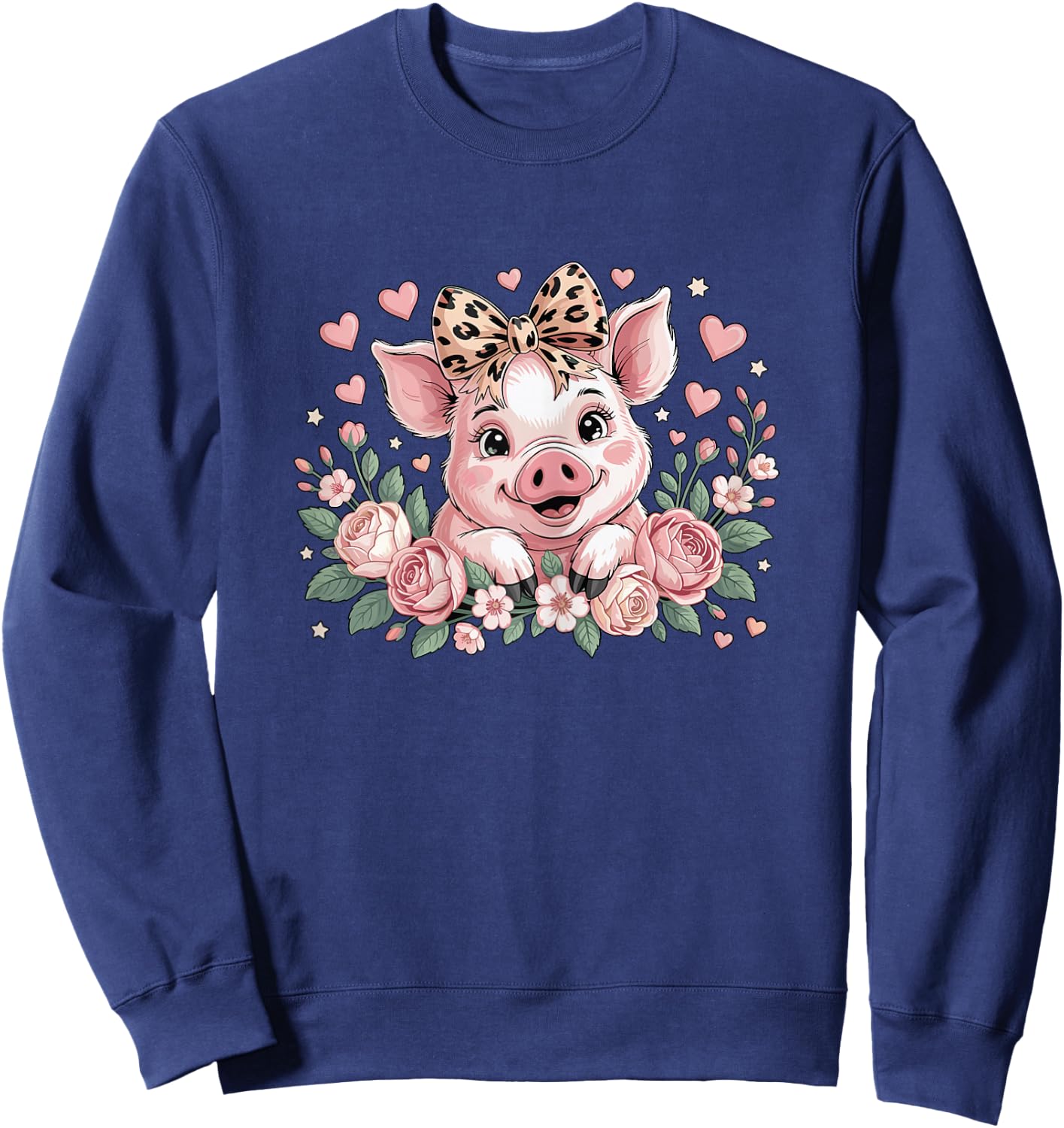 Pig With Leopard Headband Flower Cute Pig Lover Girls Kids Sweatshirt - Sweatshirt | Navy