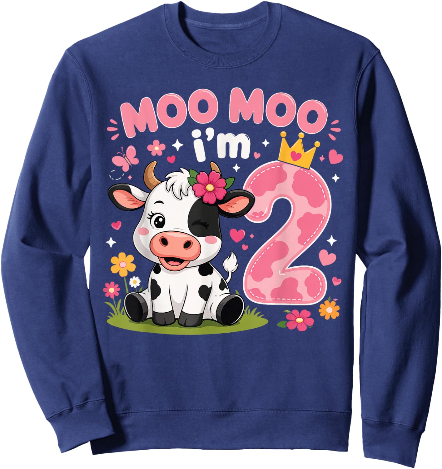 Moo Moo I'm Two 2nd Birthday Cute Cow Sweatshirt - Sweatshirt | Navy