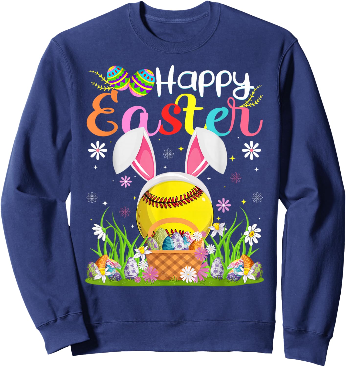 Softball Player Easter Egg Hunt Bunny Ear Softball Easter Sweatshirt - Sweatshirt | Navy