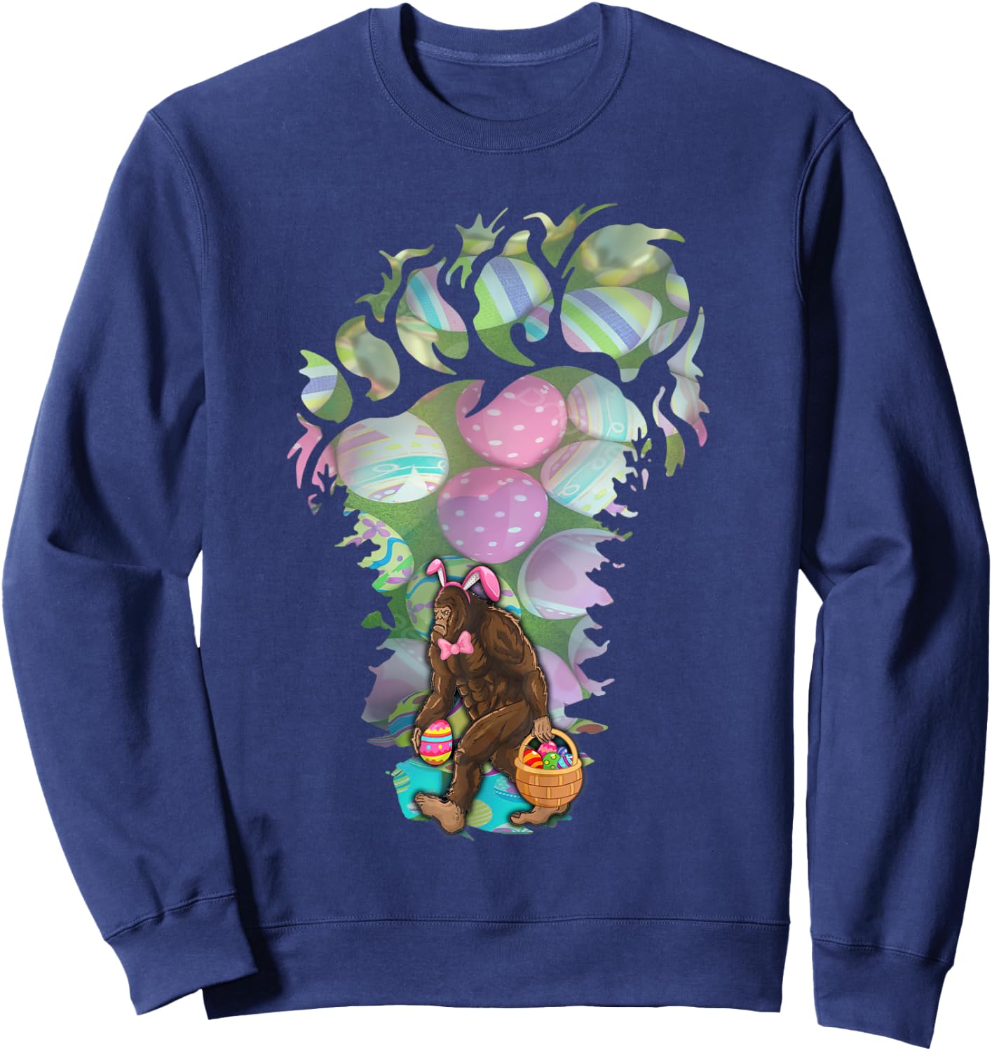 Bigfoot Carring Eggs Easter Bigfoot Easter Costume Sweatshirt - Sweatshirt | Navy