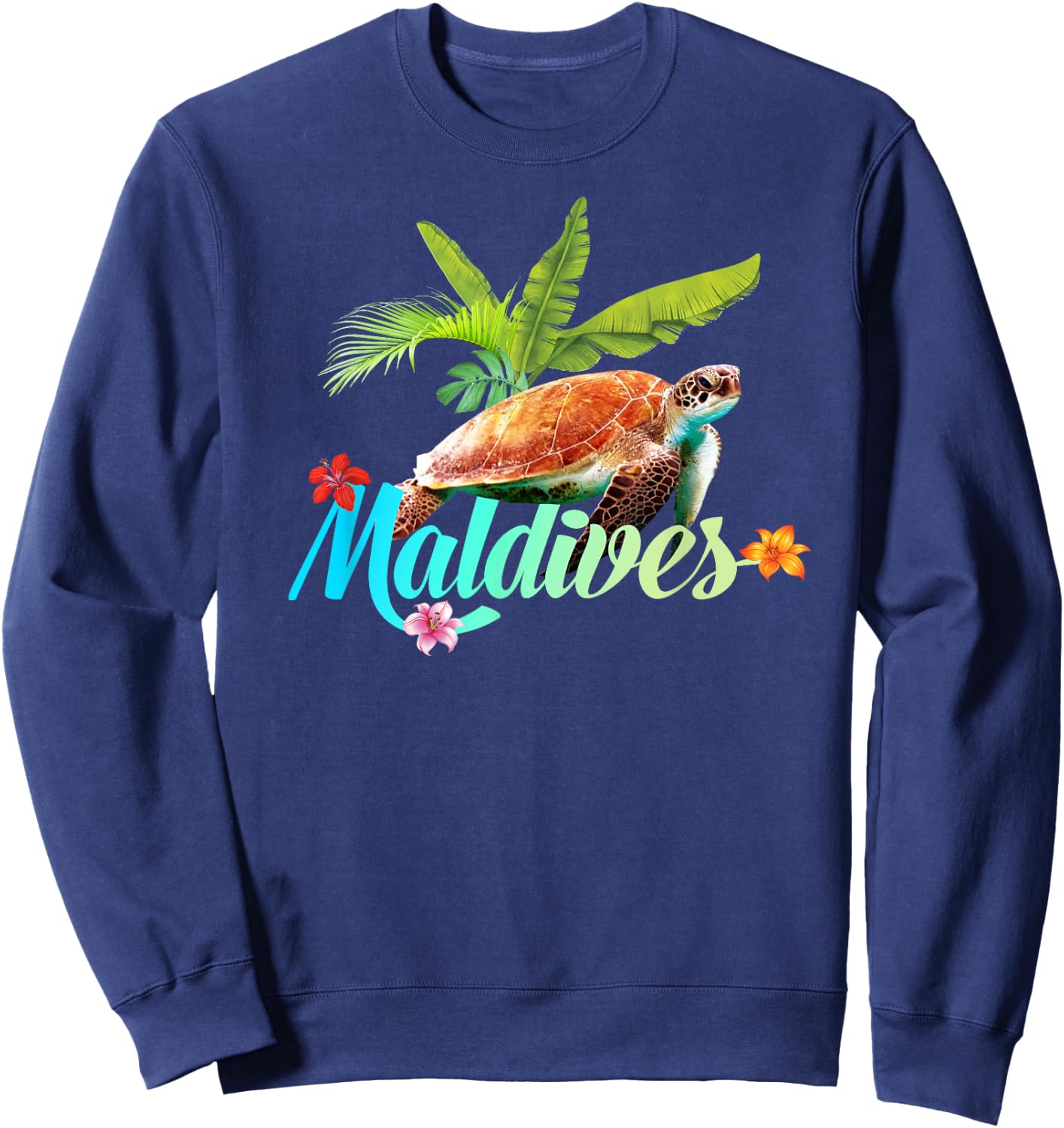 Maldives Sea Turtle Hibiscus Island Gift Beach Souvenir Palm Sweatshirt - Sweatshirt | Navy