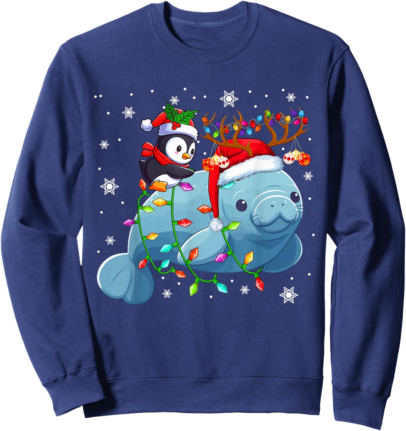Santa Penguin Riding Reindeer Manatee Christmas Sea Animals Sweatshirt - Sweatshirt | Navy