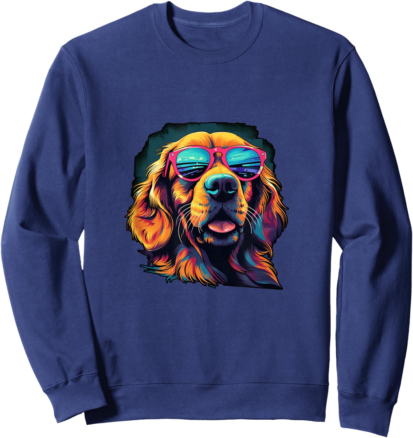Vibrant Golden Retriever Wearing Sunglasses Black Light Art Sweatshirt - Sweatshirt | Navy