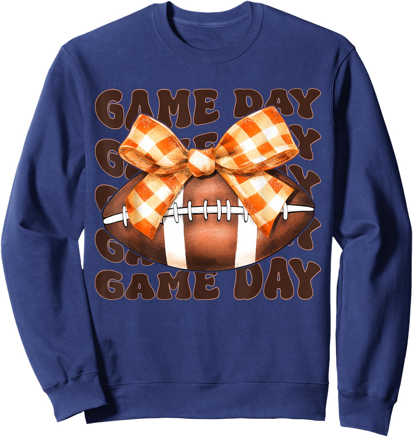 Football Autumn Fall Orange Checkered Ribbon Bow Game Day Sweatshirt - Sweatshirt | Navy
