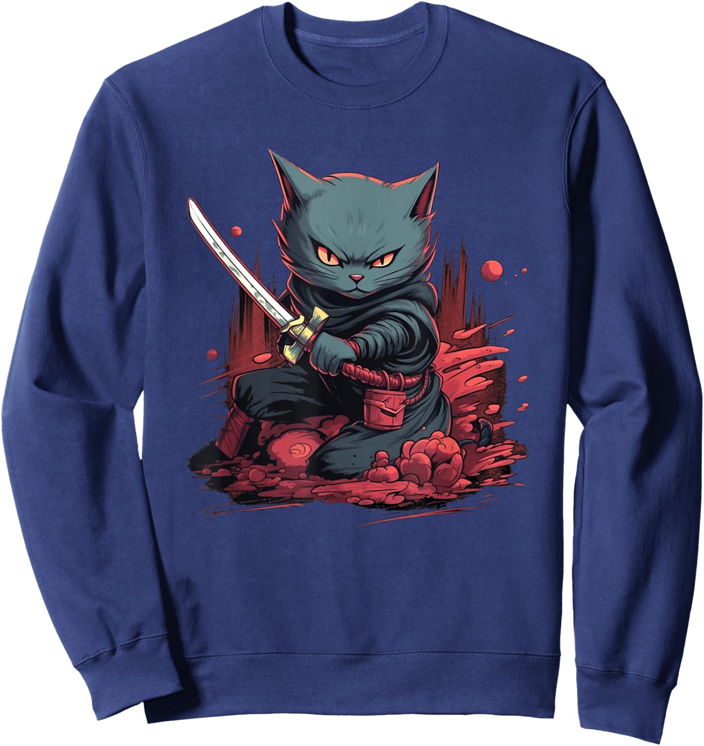 Vintage Japanese Samurai Ninja Cat Tattoo Kawaii Sweatshirt - Sweatshirt | Navy
