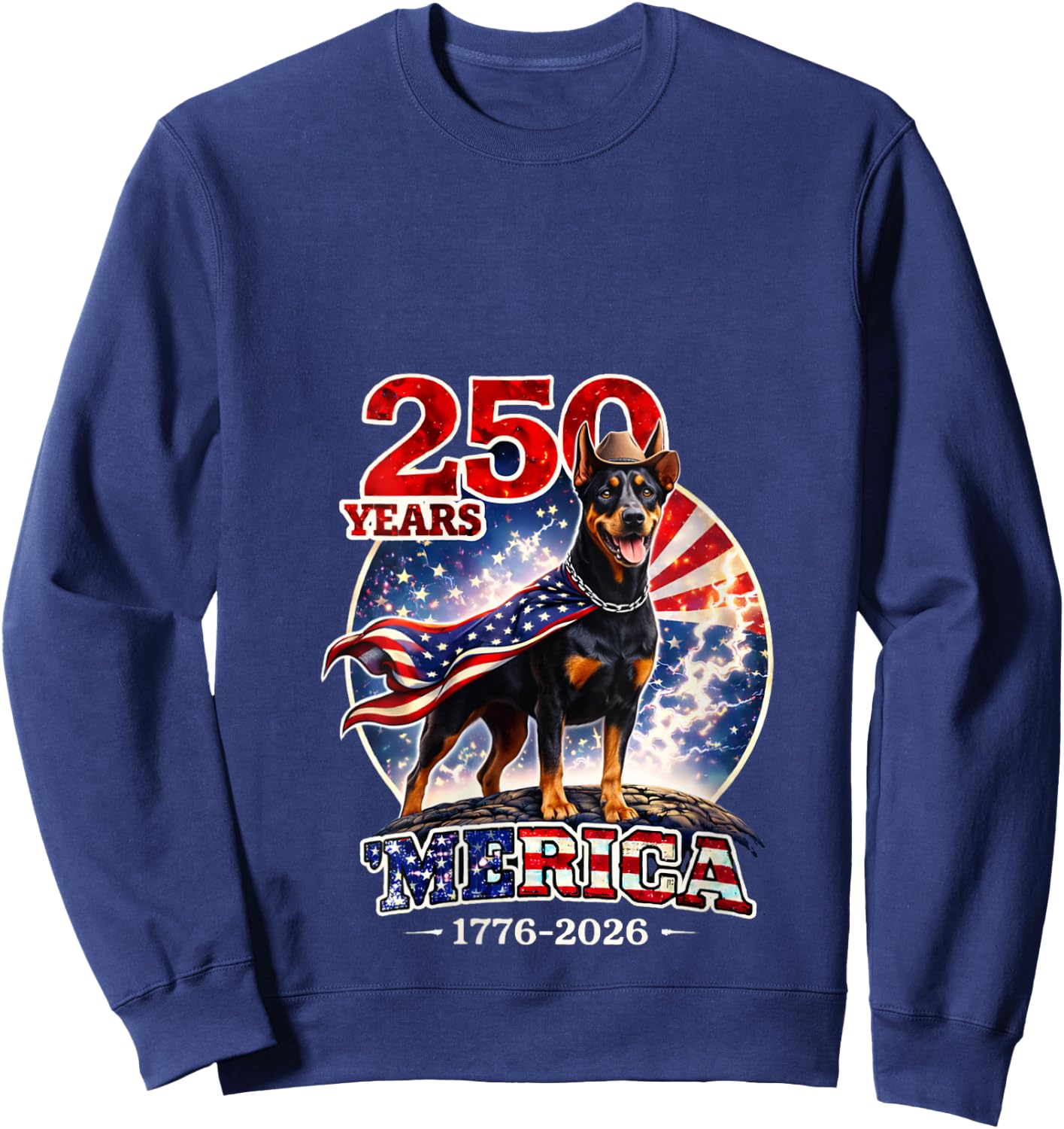 Women's 250 Years of Freedom Doberman Pinscher Dog 1776-2026 4th of V-Neck Sweatshirt - Sweatshirt | Navy