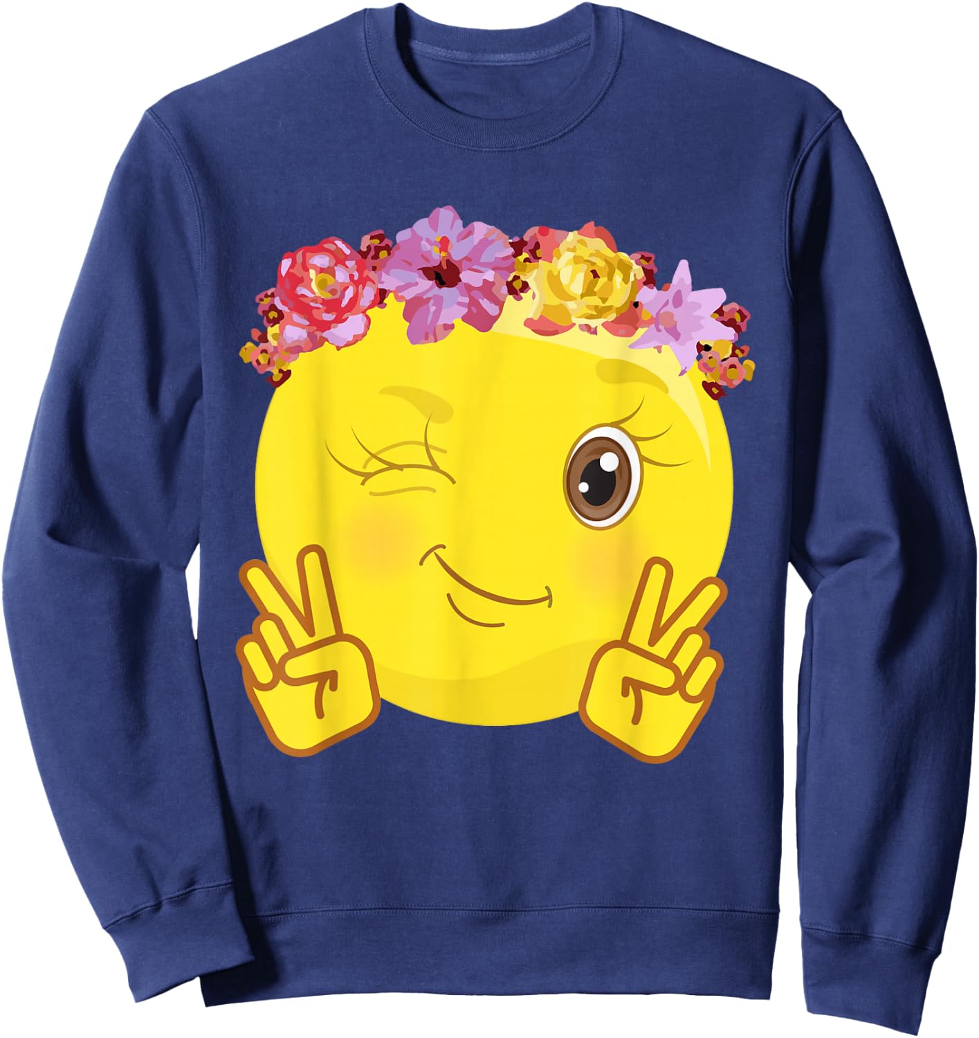 Peace Emoticon Winking Flower Crown Sweatshirt - Sweatshirt | Navy