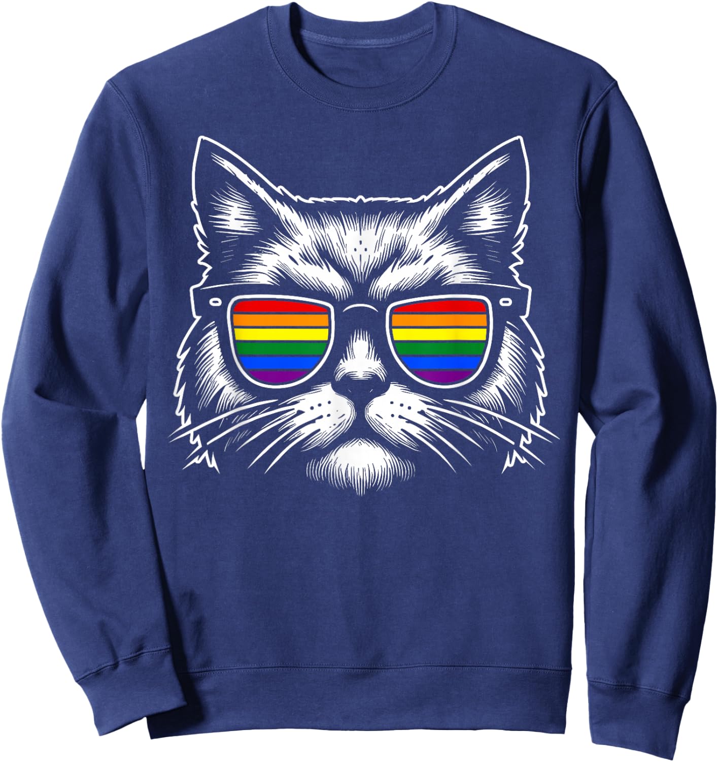 Rainbow Cat with Sunglasses and Pride Flag Gay Pride Sweatshirt - Sweatshirt | Navy