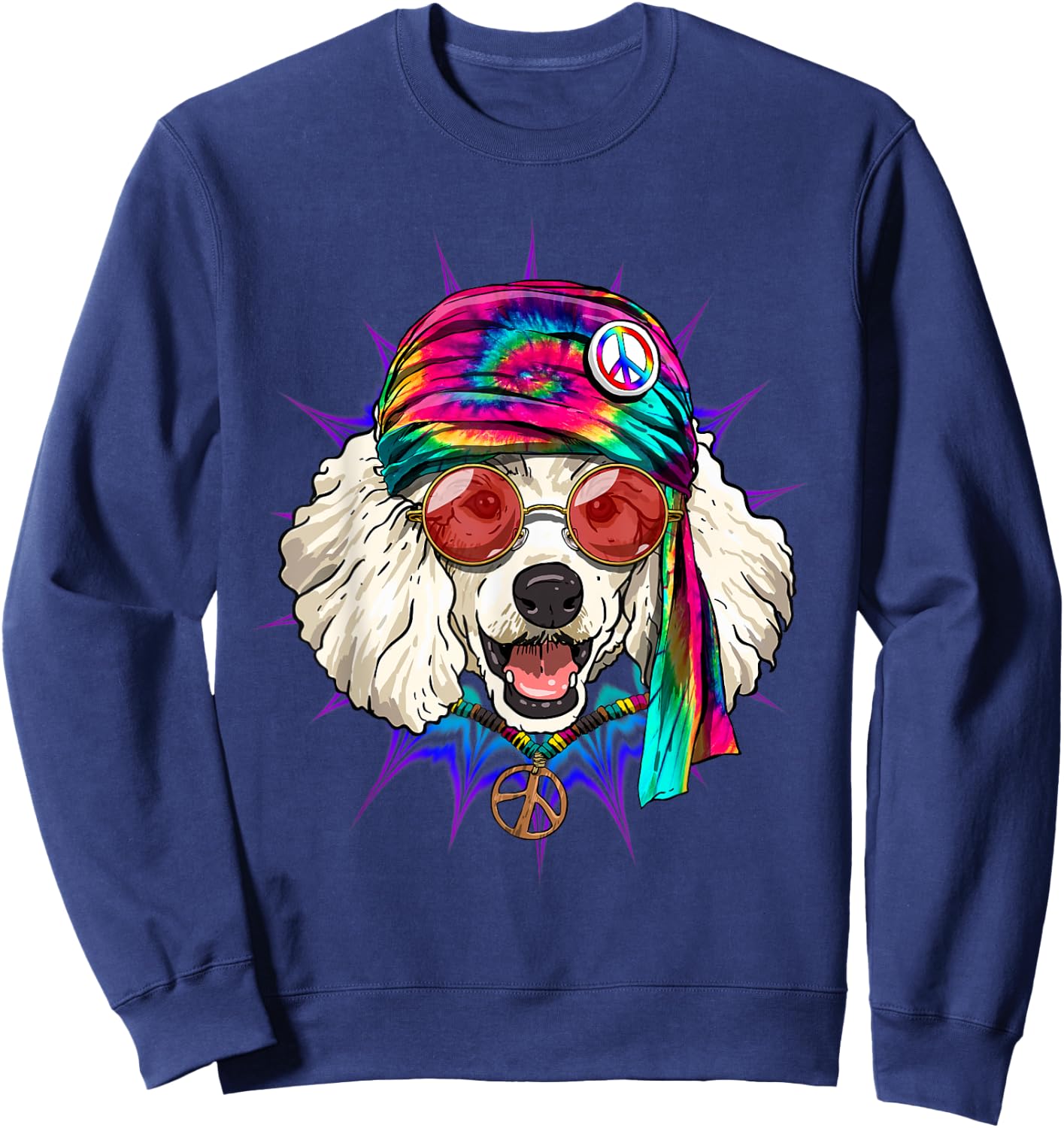 Tie Dye Hippie Poodle Hippiness Peace Love Dog Sweatshirt - Sweatshirt | Navy