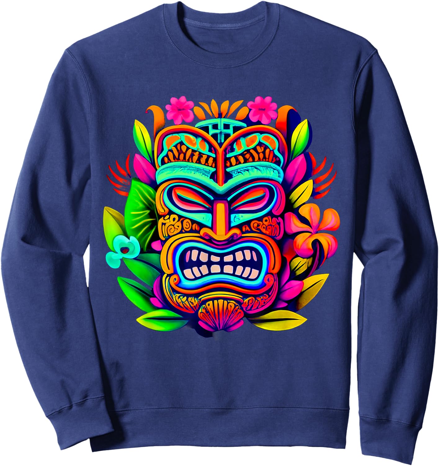 Bright Neon Maui Polynesian Hawaiian Tiki Head Style Design Sweatshirt - Sweatshirt | Navy