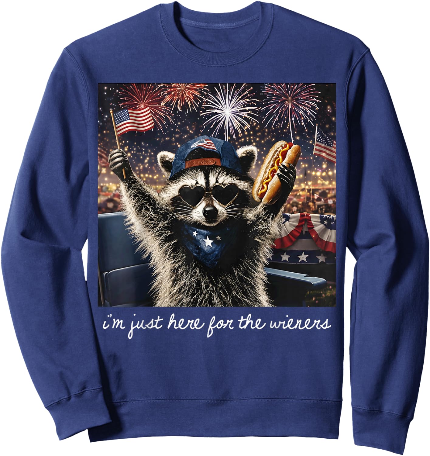 Just Here for The Wieners Funny Hotdog Raccoon 4th of July Sweatshirt - Sweatshirt | Navy