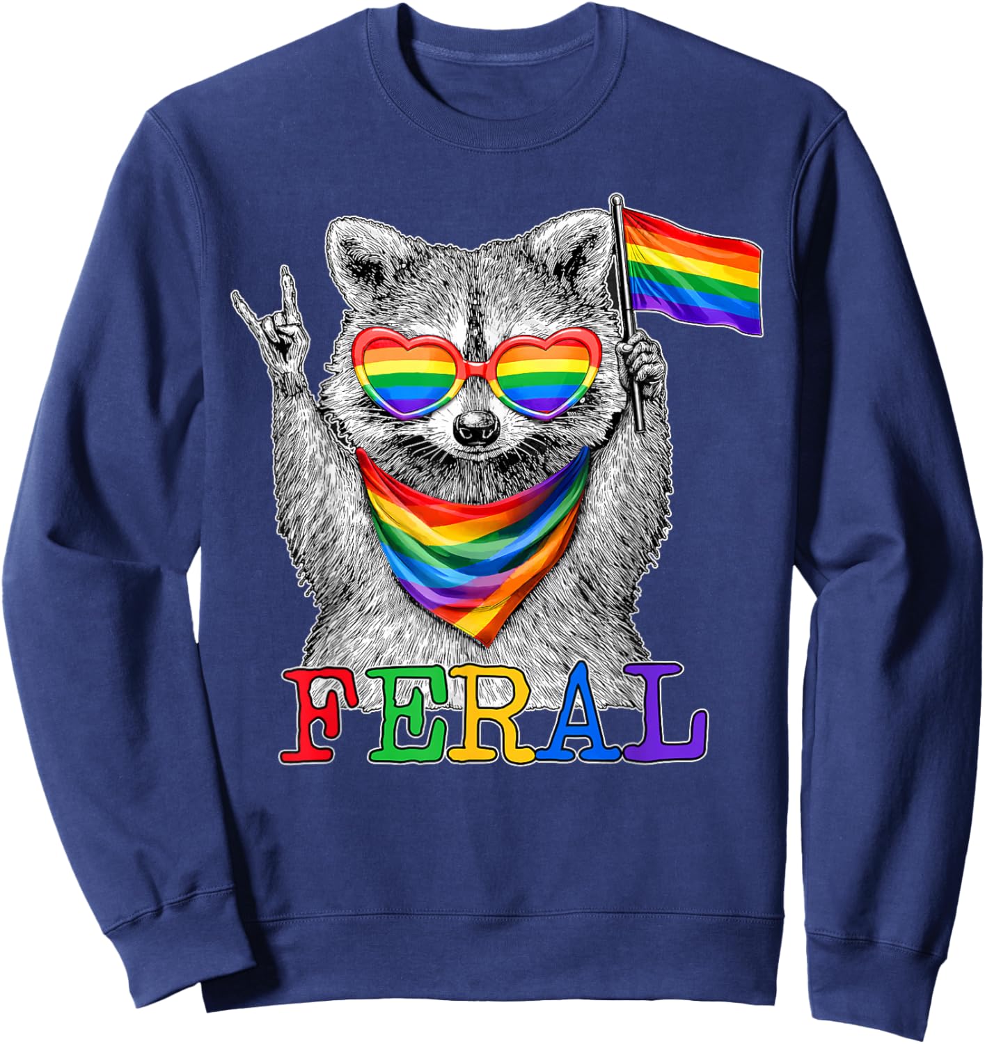 Pride LGBT Feral Raccoon Rainbow Flag Sunglasses Men Women Sweatshirt - Sweatshirt | Navy