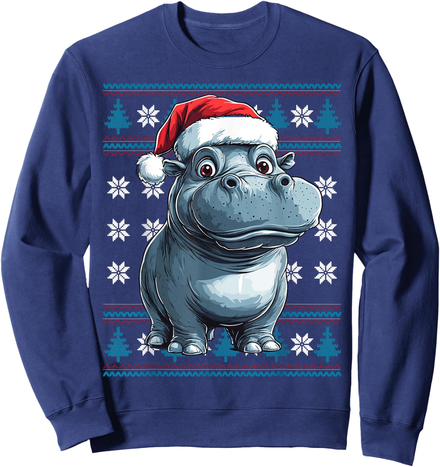 Hippo Santa Hat Ugly Christmas Sweater Hippo Lovers Holiday Sweatshirt - Sweatshirt | Navy