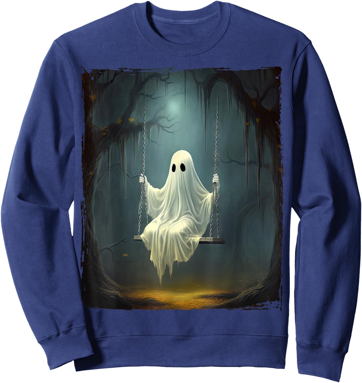 Vintage Floral Ghost On Swing In Forest Spooky Halloween Sweatshirt - Sweatshirt | Navy
