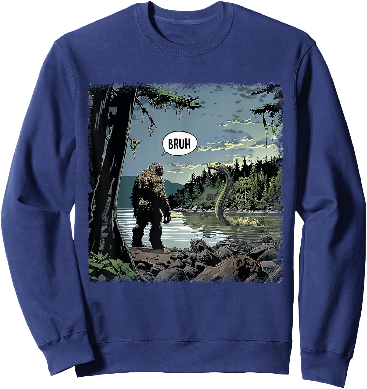 Classic Loch Ness Monster With Bigfoot Funny Animal Happily Sweatshirt - Sweatshirt | Navy