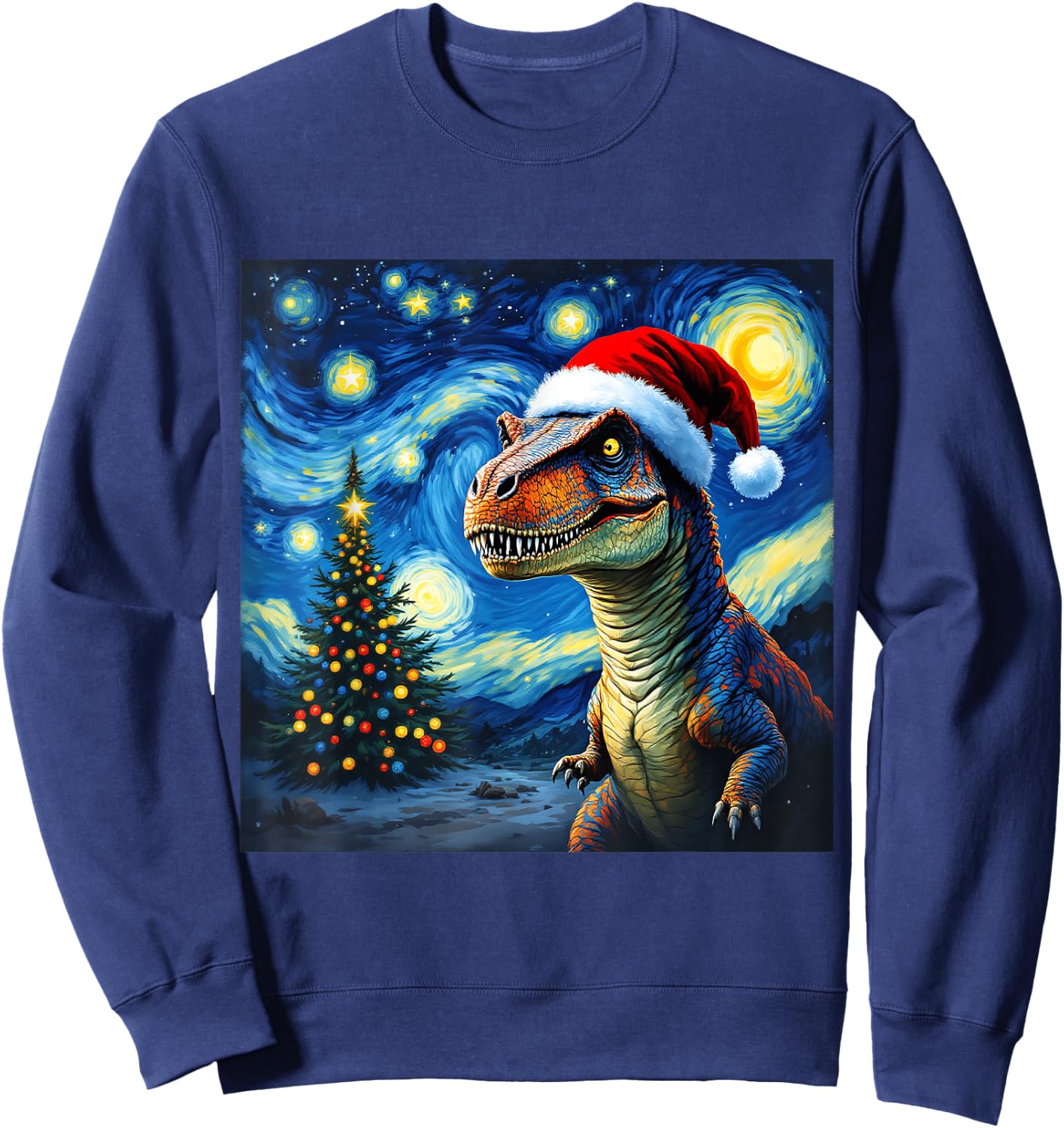 Christmas Dinosaur Santa Hat Van Gogh Starry Night Holiday Sweatshirt - Sweatshirt | Navy