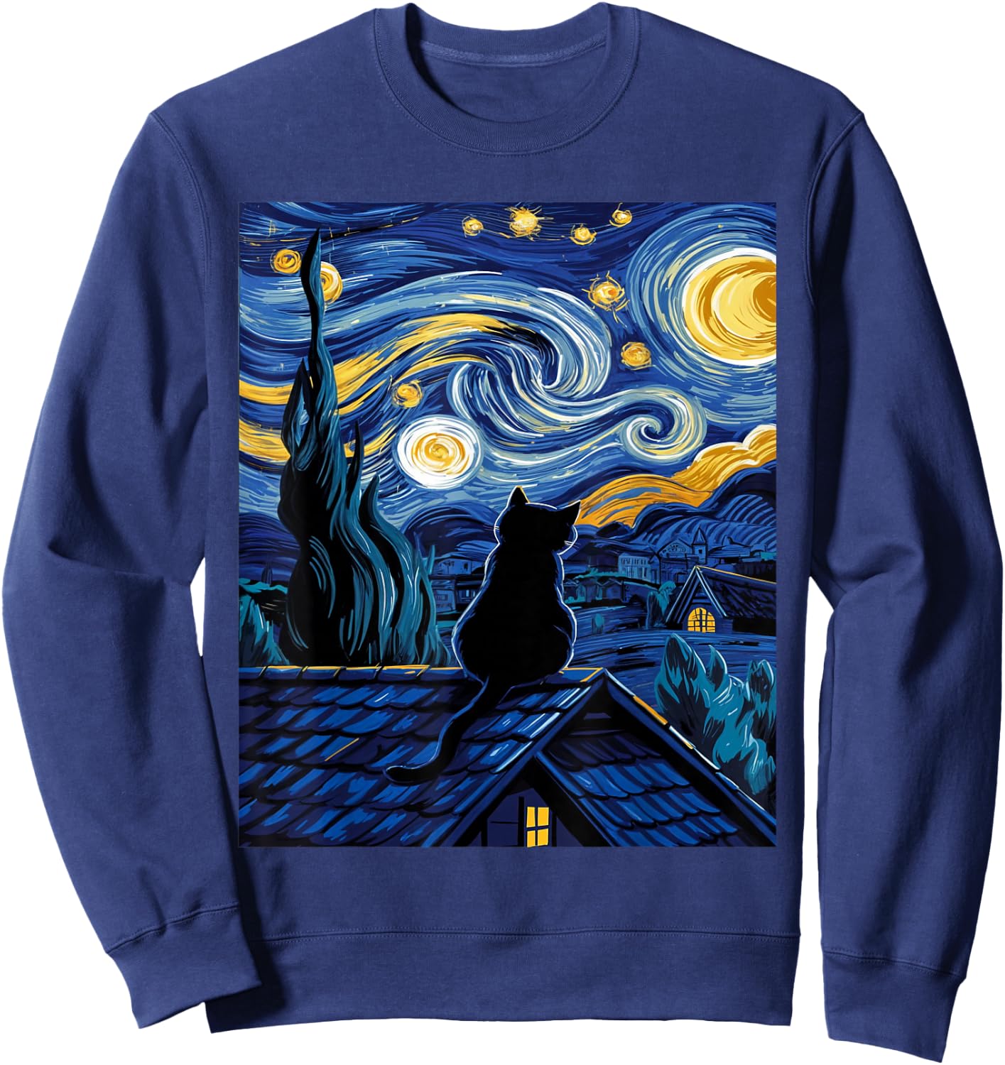 Cat Starry Night Van Gogh Cat Art Lover Funny Cat Sweatshirt - Sweatshirt | Navy