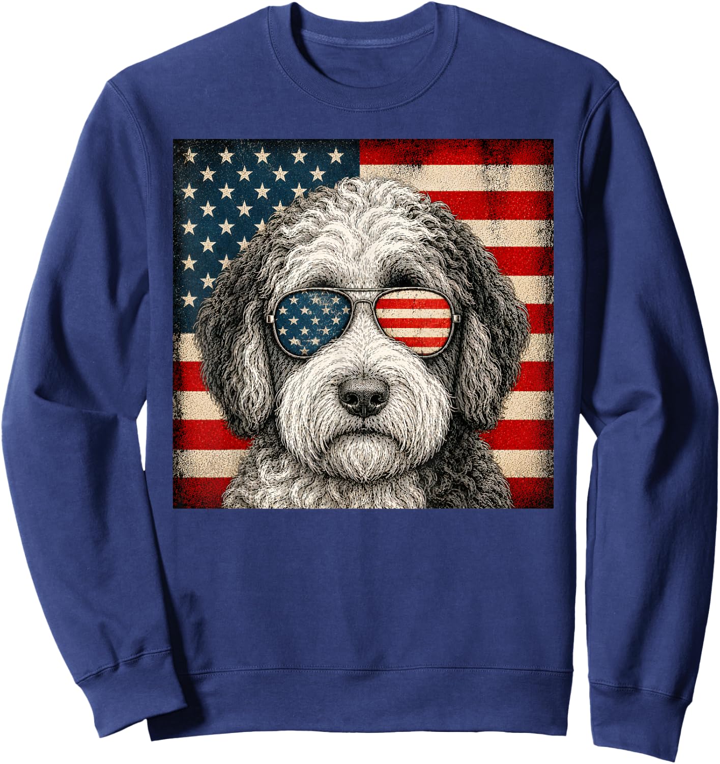 Sheepadoodle 4th of July US American Flag Dog Patriotic Sweatshirt - Sweatshirt | Navy